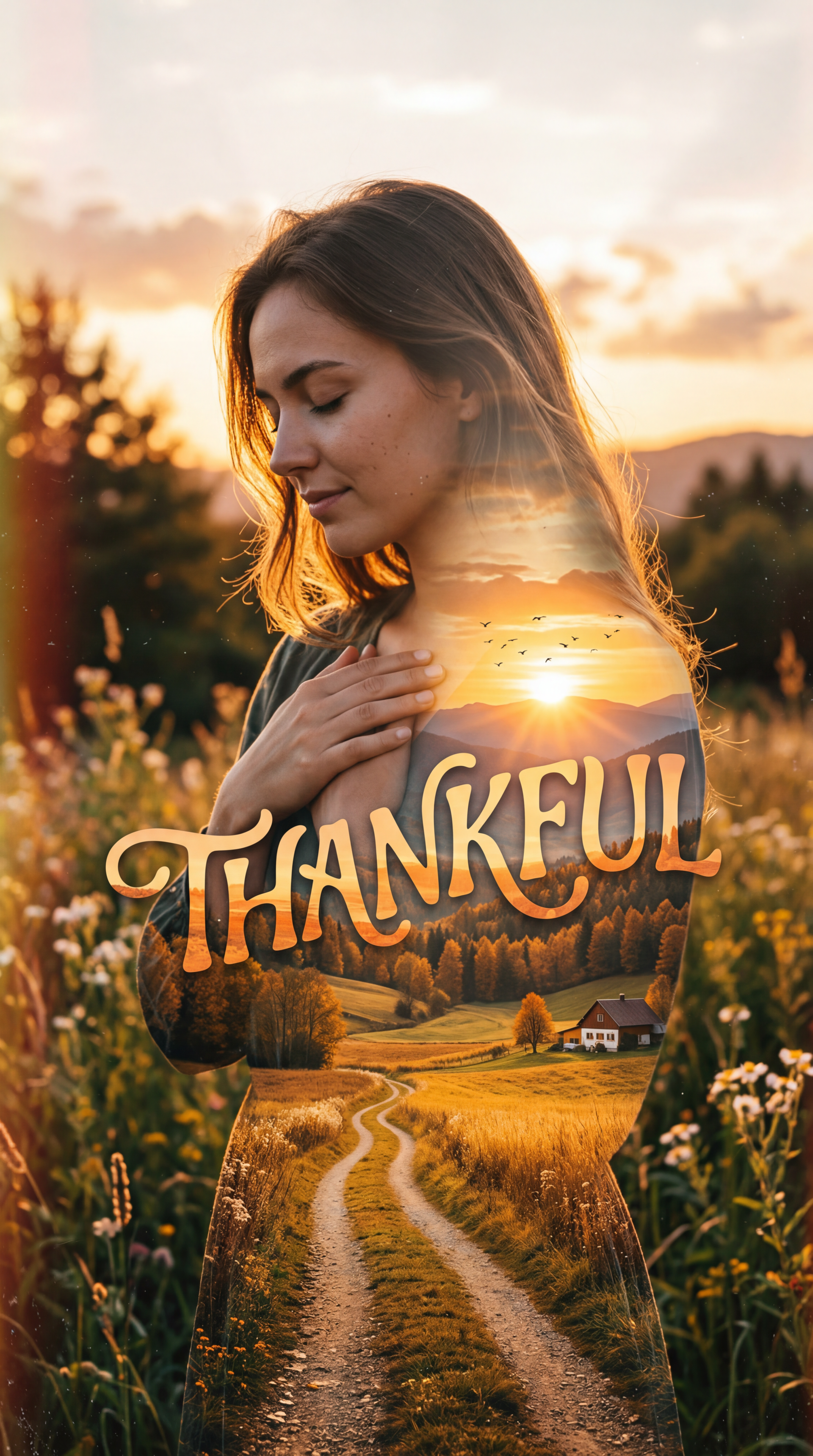 iPhone wallpaper of a woman with closed eyes, hand over her heart, double-exposed sunset countryside and winding path with large THANKFUL lettering.
