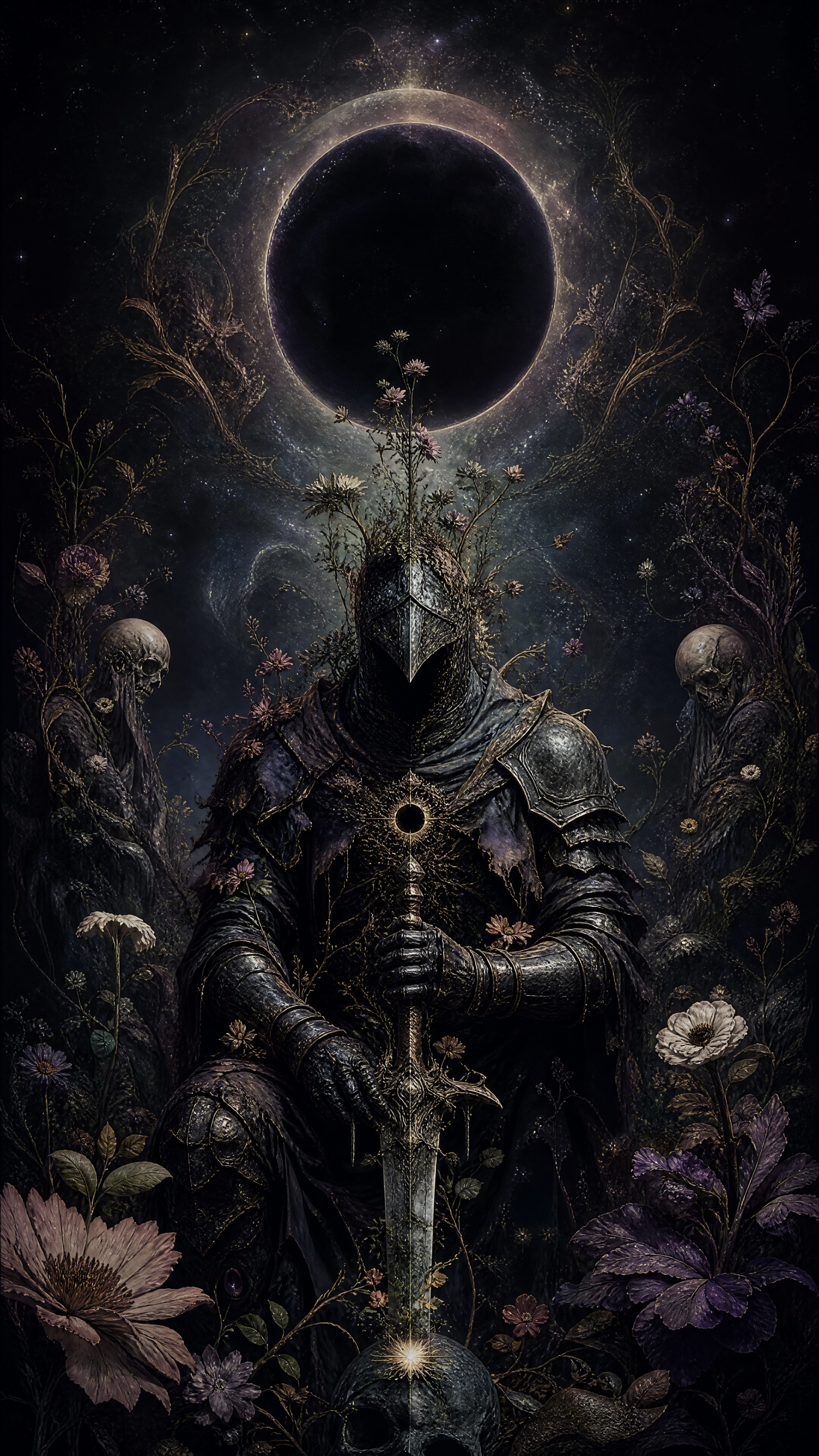 Dark Souls iPhone wallpaper: armored, hooded knight kneels with sword amid overgrown flowers and skulls beneath a dark eclipsed halo.