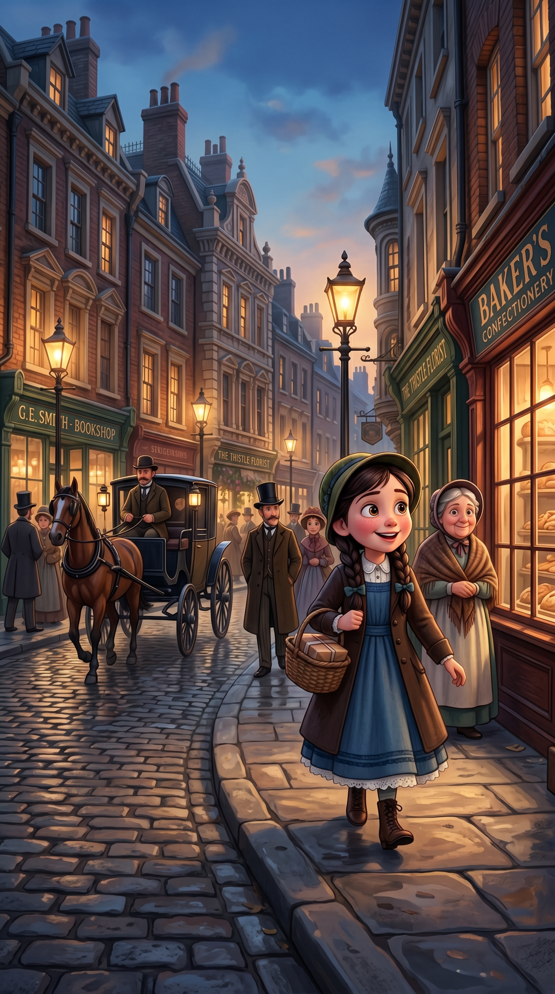 Victorian-era iPhone wallpaper: animated dusk street with gas lamps, horse-drawn carriage, shopfronts, and a smiling girl in period dress carrying a basket.