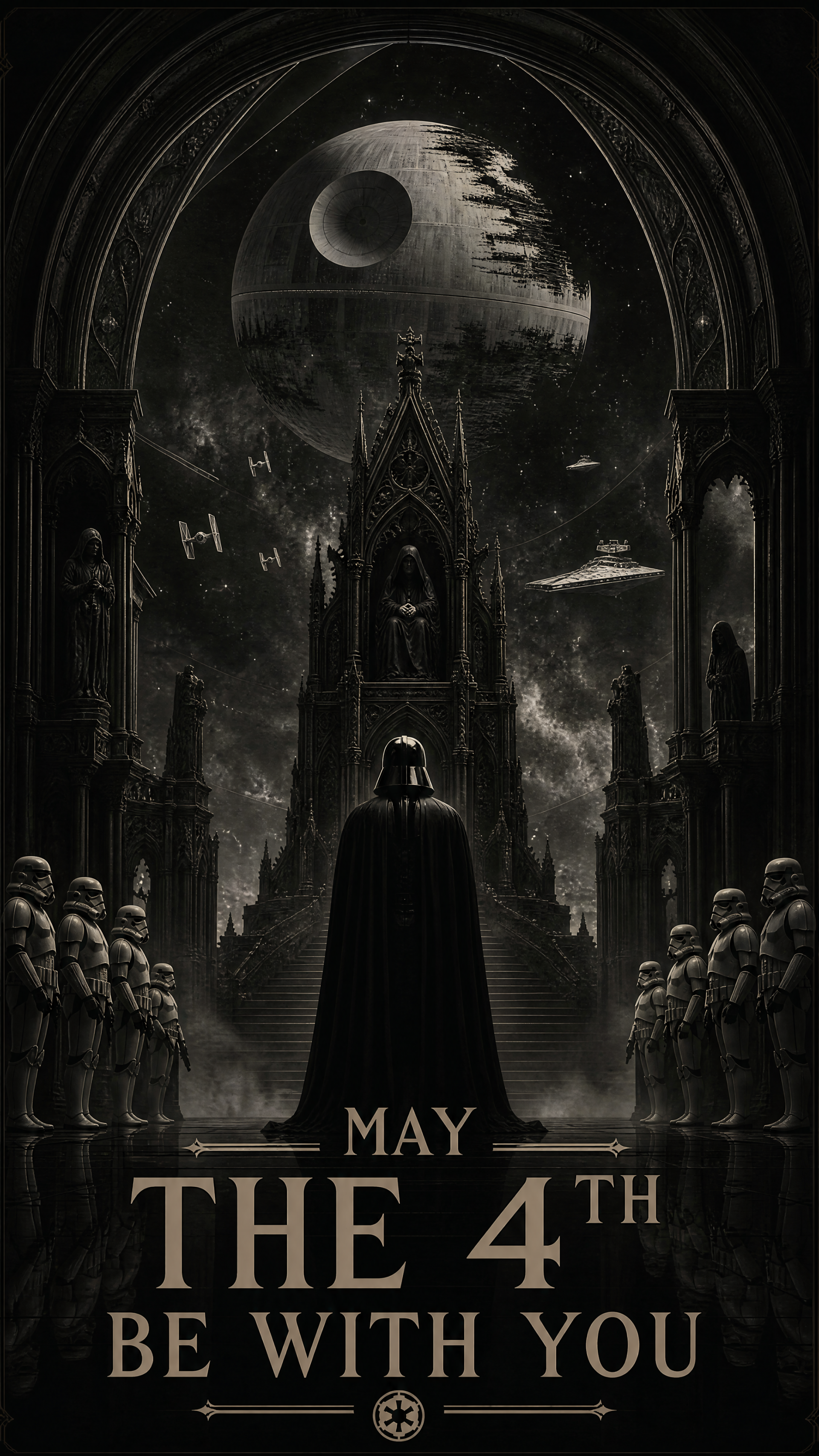 iPhone wallpaper: dark gothic Star Wars scene — Vader at a cathedral throne, stormtroopers in formation, Death Star and TIE fighters above, caption reads May the 4th be with you.