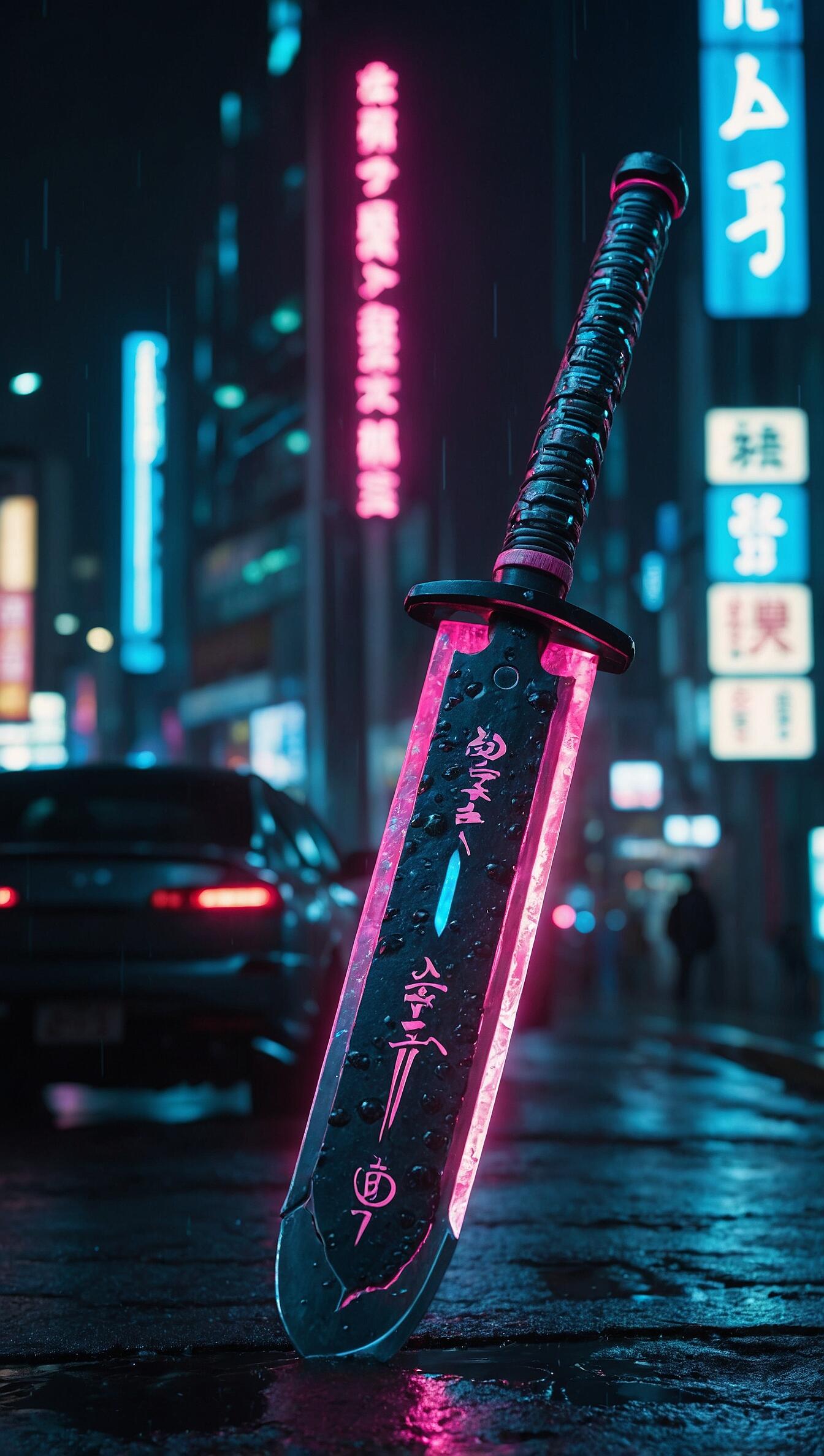 Cyberpunk phone wallpaper: a neon-lit futuristic sword blade planted in a rain-slick street, glowing pink and cyan against blurred city signs and a passing car.