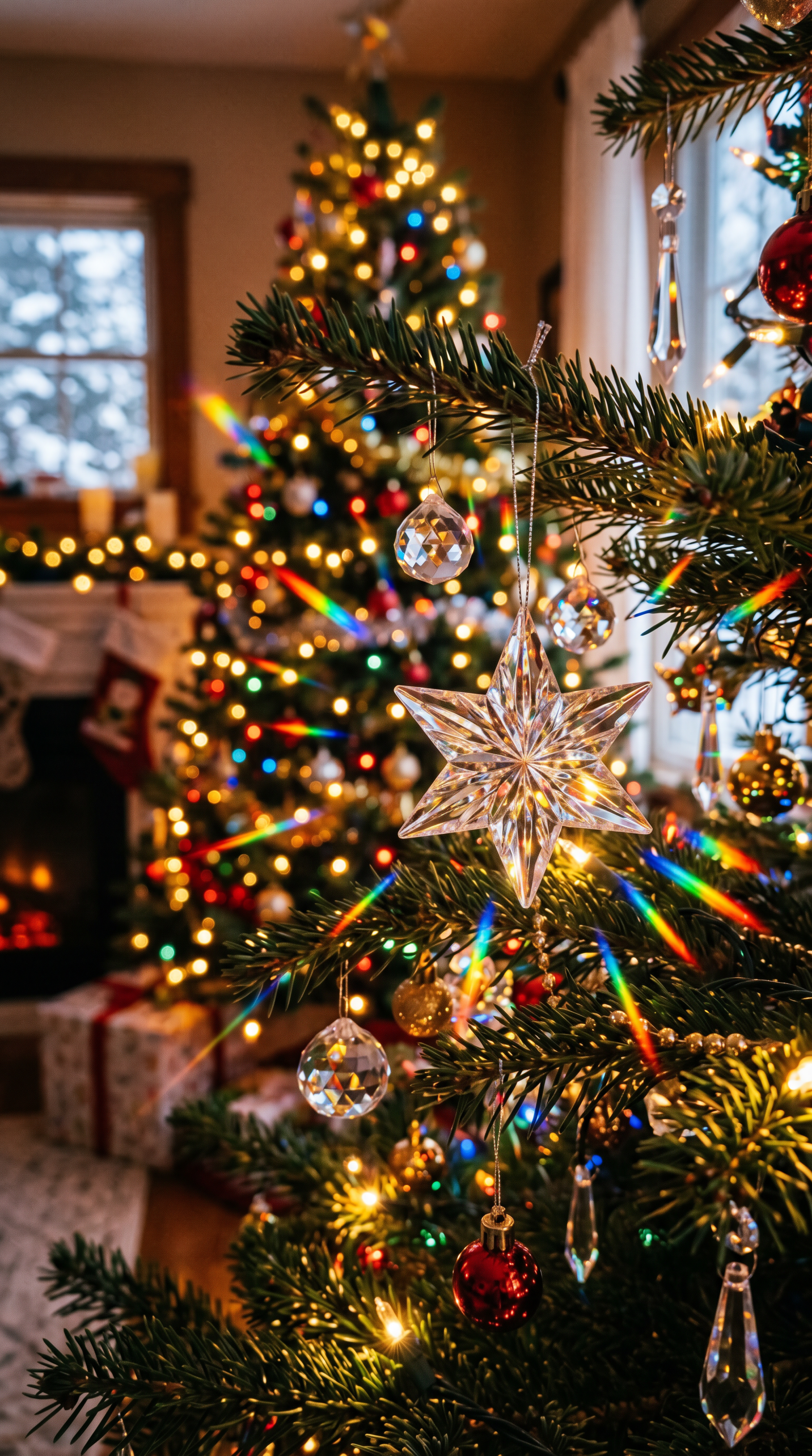 iPhone wallpaper showing a close-up of a decorated Christmas tree with a crystal star ornament, twinkling multicolored lights, wrapped gifts and a cozy fireplace — holiday spirit.