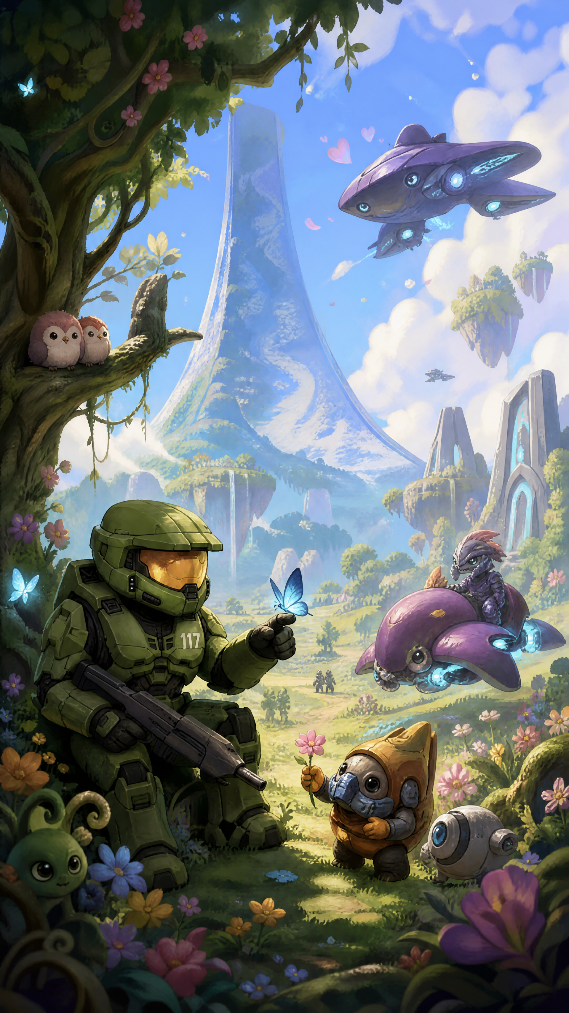 Halo iPhone wallpaper: Master Chief in green armor kneels in a blooming ringworld meadow, offering a butterfly to small friendly aliens as purple ships glide past beneath the towering Halo ring.