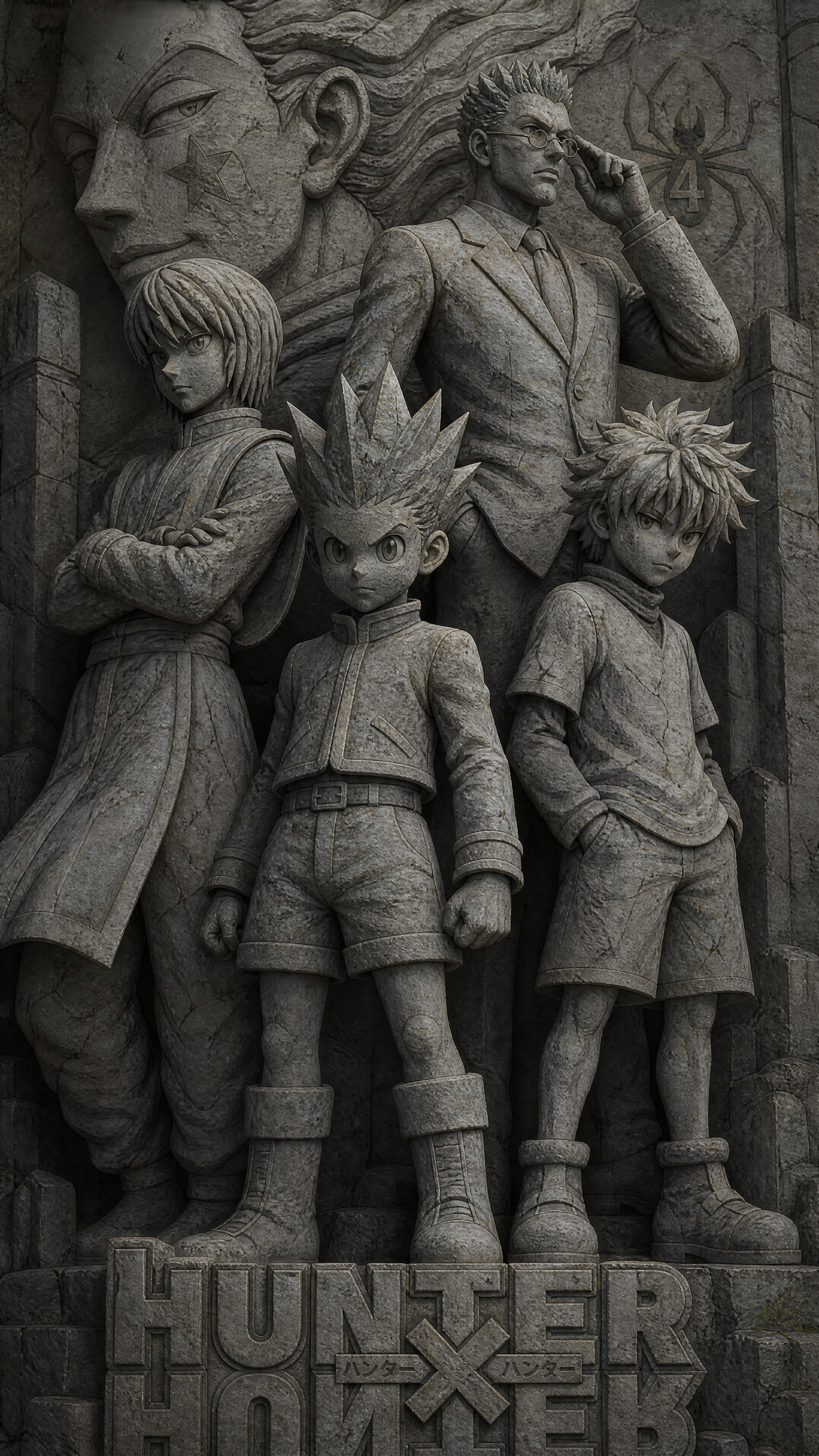 Hunter x Hunter iPhone wallpaper: a stone-relief monument of Gon, Killua, Kurapika and Leorio posed heroically, carved details and the series title at the base.