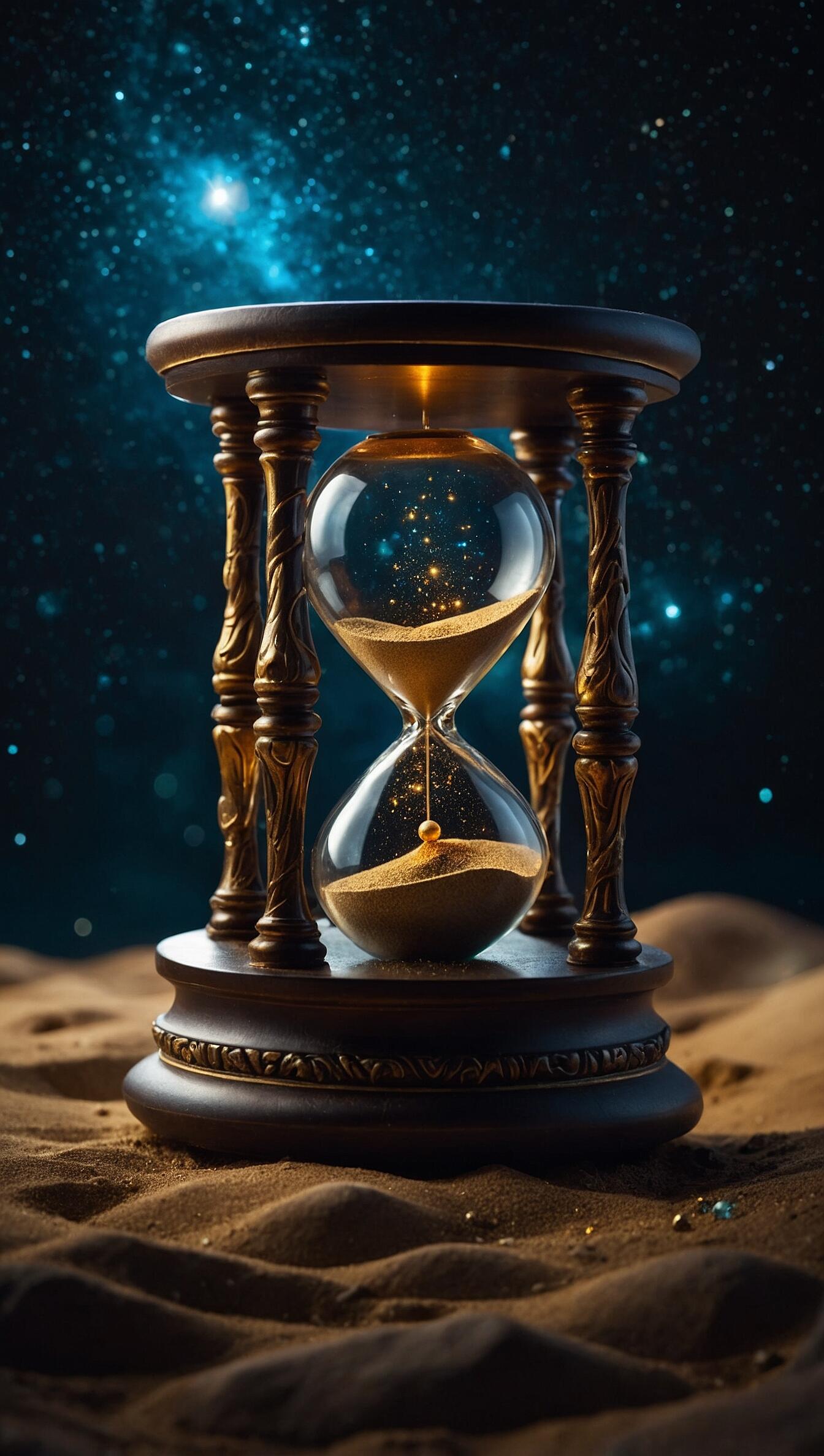 iPhone wallpaper: ornate hourglass on rippled sand with golden sand flowing, set against a cosmic galaxy and star-filled space.