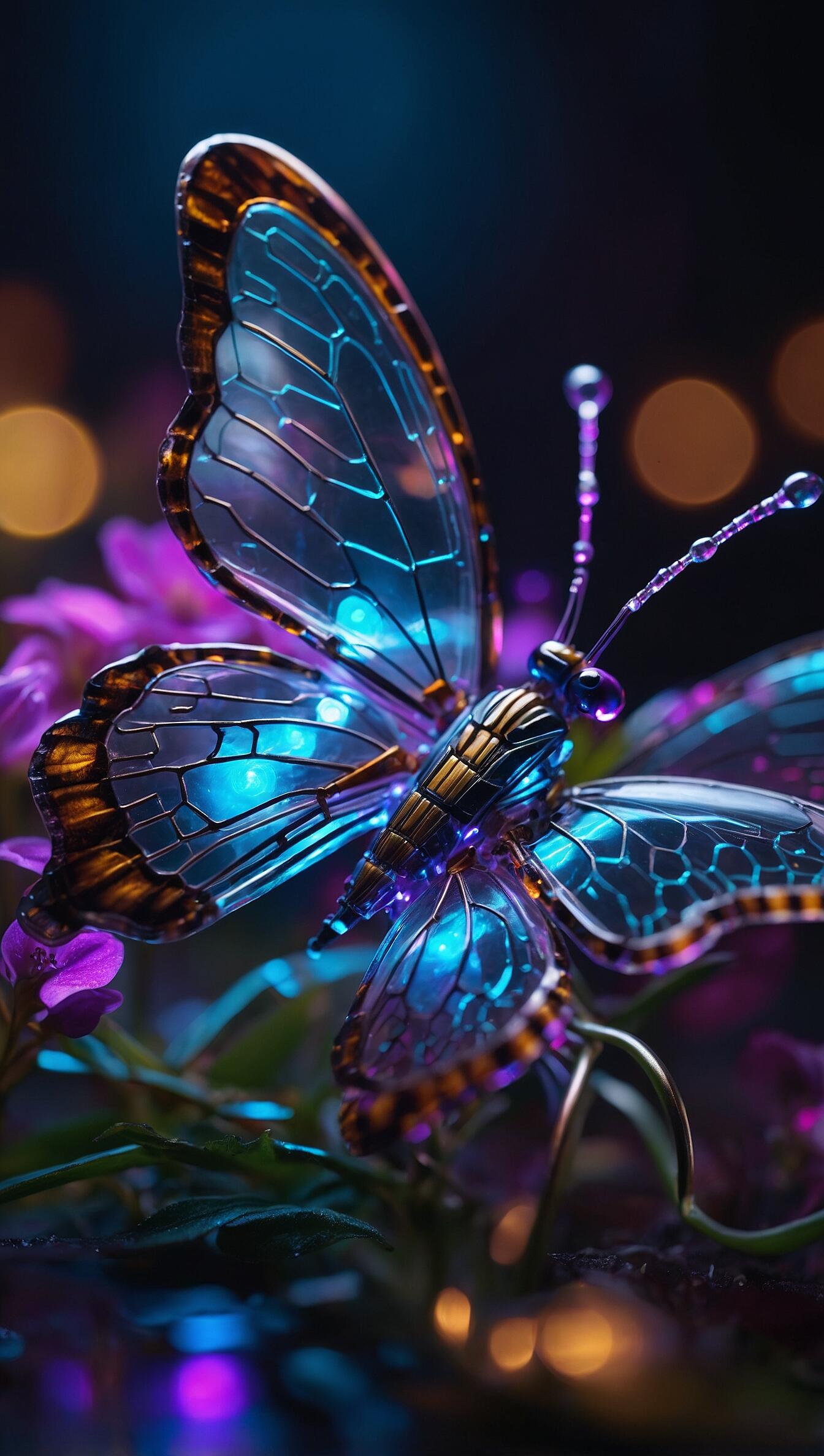 Glowing cyberpunk mechanical glass butterfly in neon blues and purples over flowers — vertical iPhone wallpaper.
