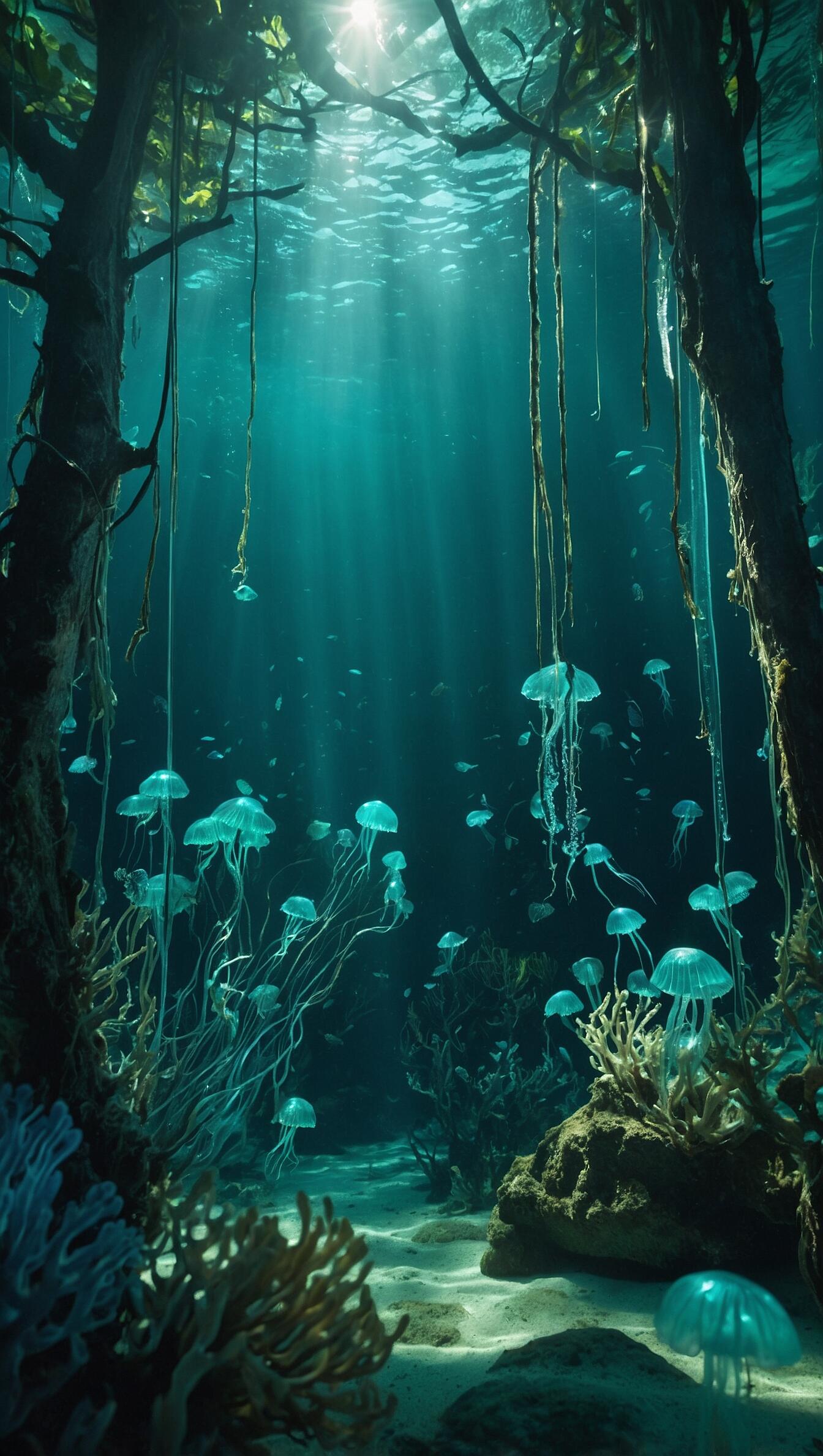Bioluminescent jellyfish drift through a sunlit underwater forest of kelp and vines, glowing turquoise among coral — magical sea iPhone wallpaper.