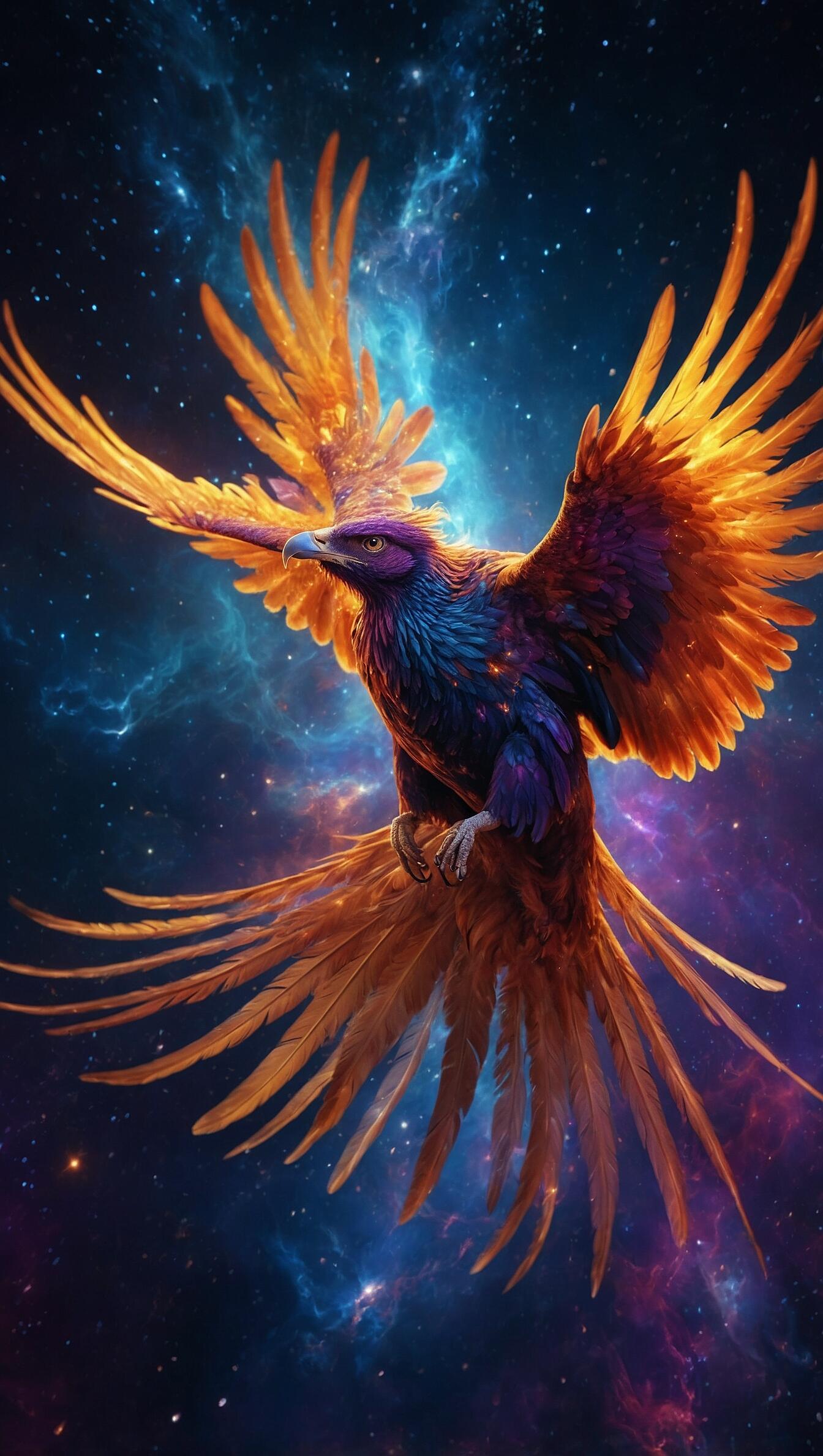 Vivid phoenix (Firebird) with glowing orange-gold wings soaring through a cosmic space nebula of blue and purple stars — vertical iPhone wallpaper.