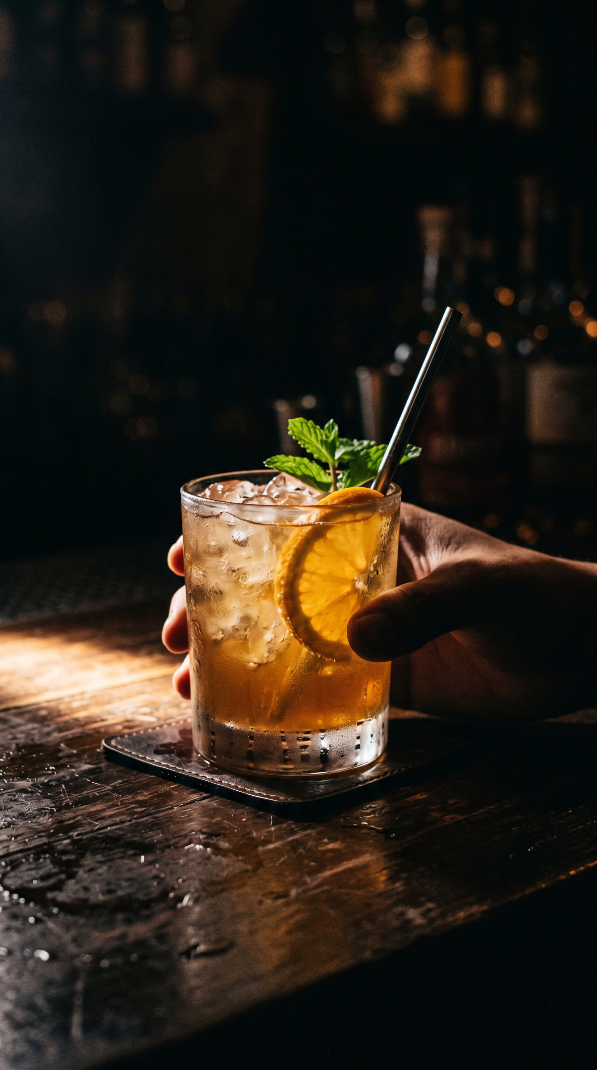 iPhone wallpaper of a hand holding a cold iced cocktail with an orange slice, mint sprig and straw, bathed in warm bar light over a textured wooden counter.