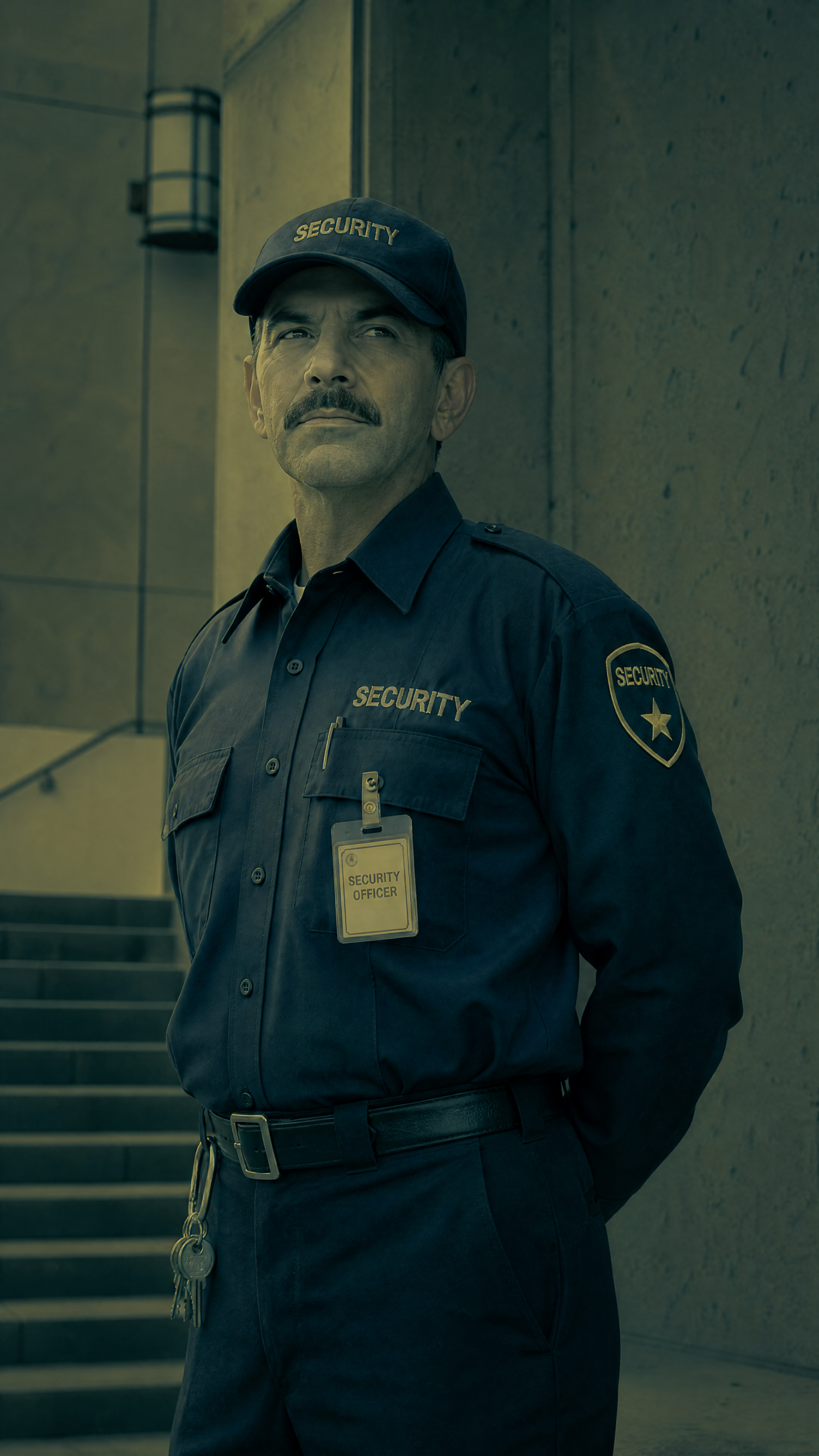 Vertical iPhone wallpaper of a uniformed security guard standing with hands behind his back by concrete steps, wearing a cap, badge and dark uniform.