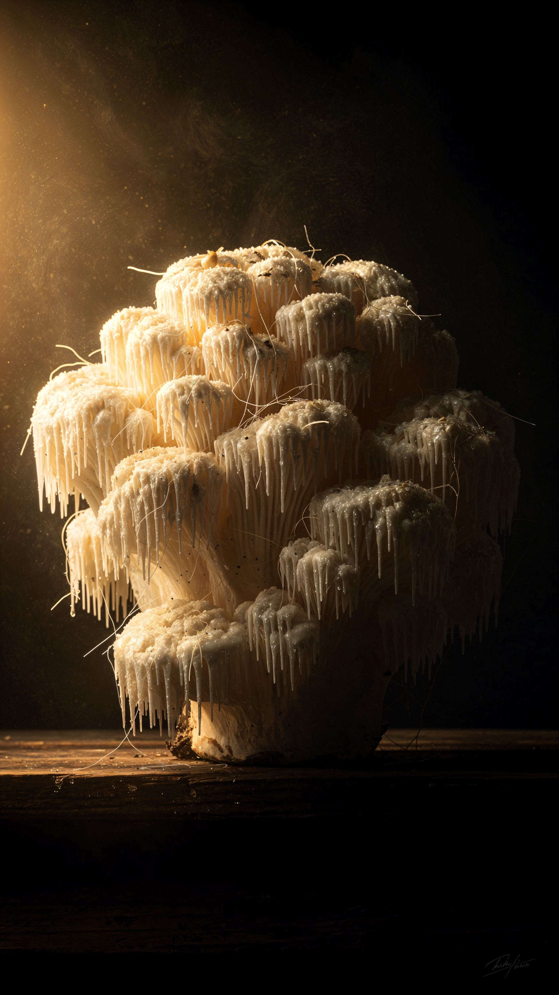 Vertical close-up of a glowing lion's mane mushroom with cascading white spines against a dark background, composed as an iPhone/phone wallpaper.