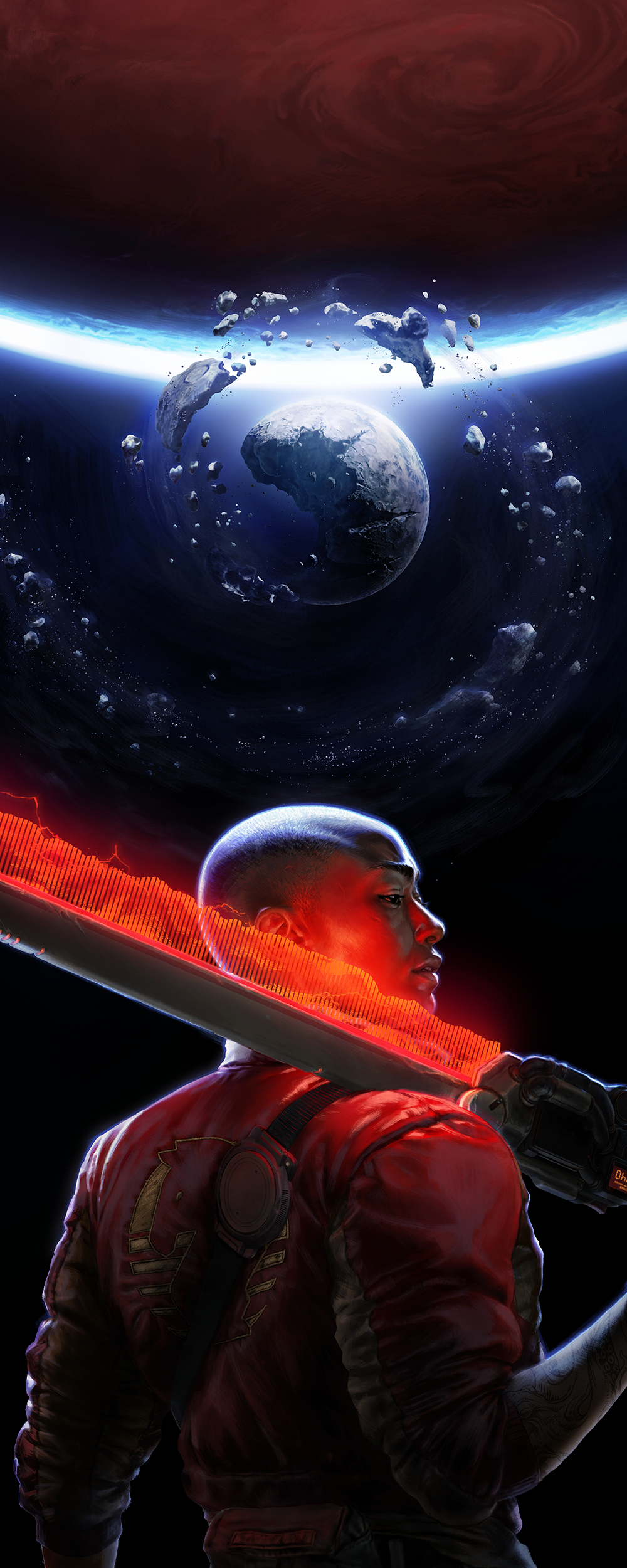 iPhone wallpaper — Intergalactic: The Heretic Prophet: a lone warrior backlit, holding a glowing red energy sword beneath a shattered planet and luminous blue ring in deep space.
