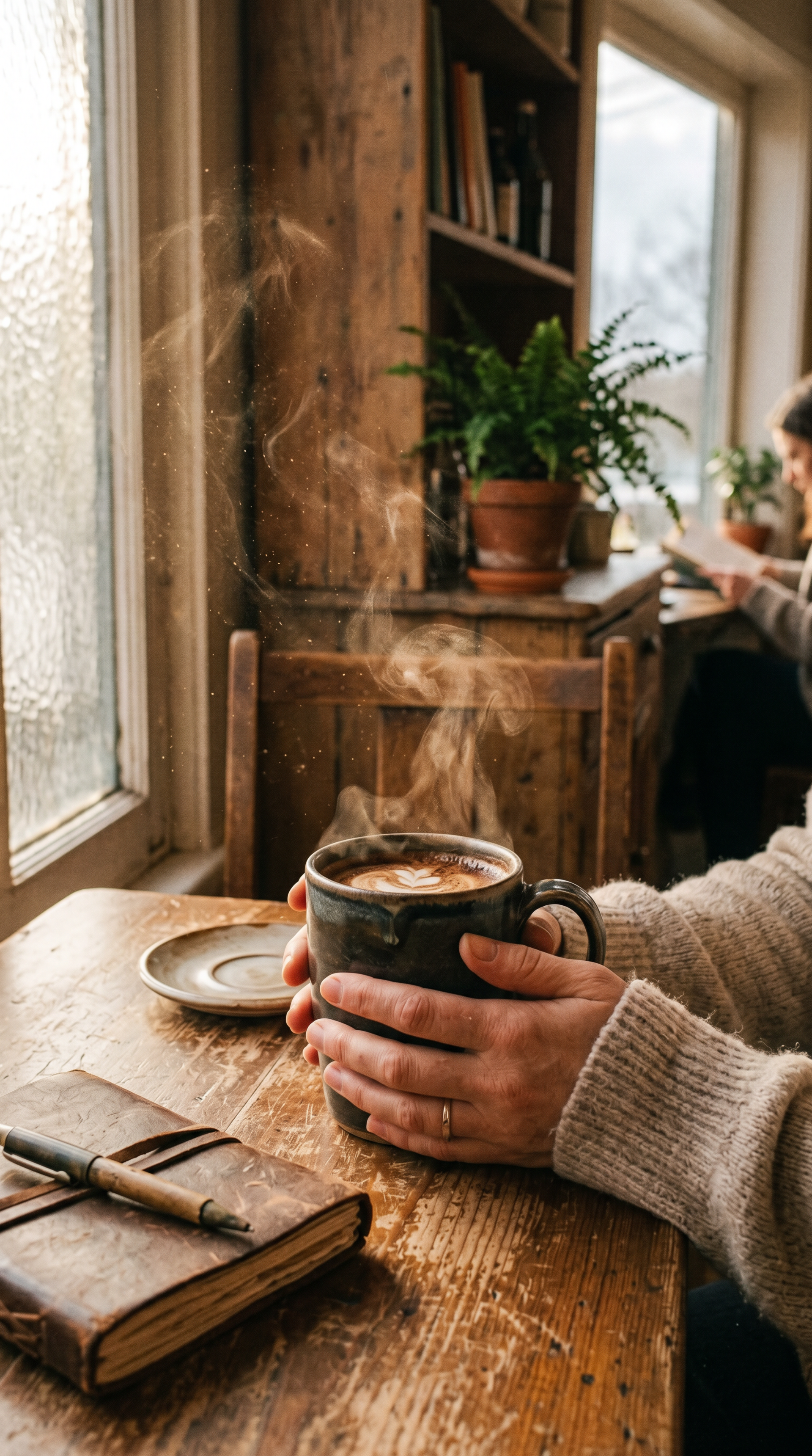 Cozy coffee iPhone wallpaper: hands cradling a steaming mug on a rustic wooden table by a window, a notebook and potted plant in warm morning light.