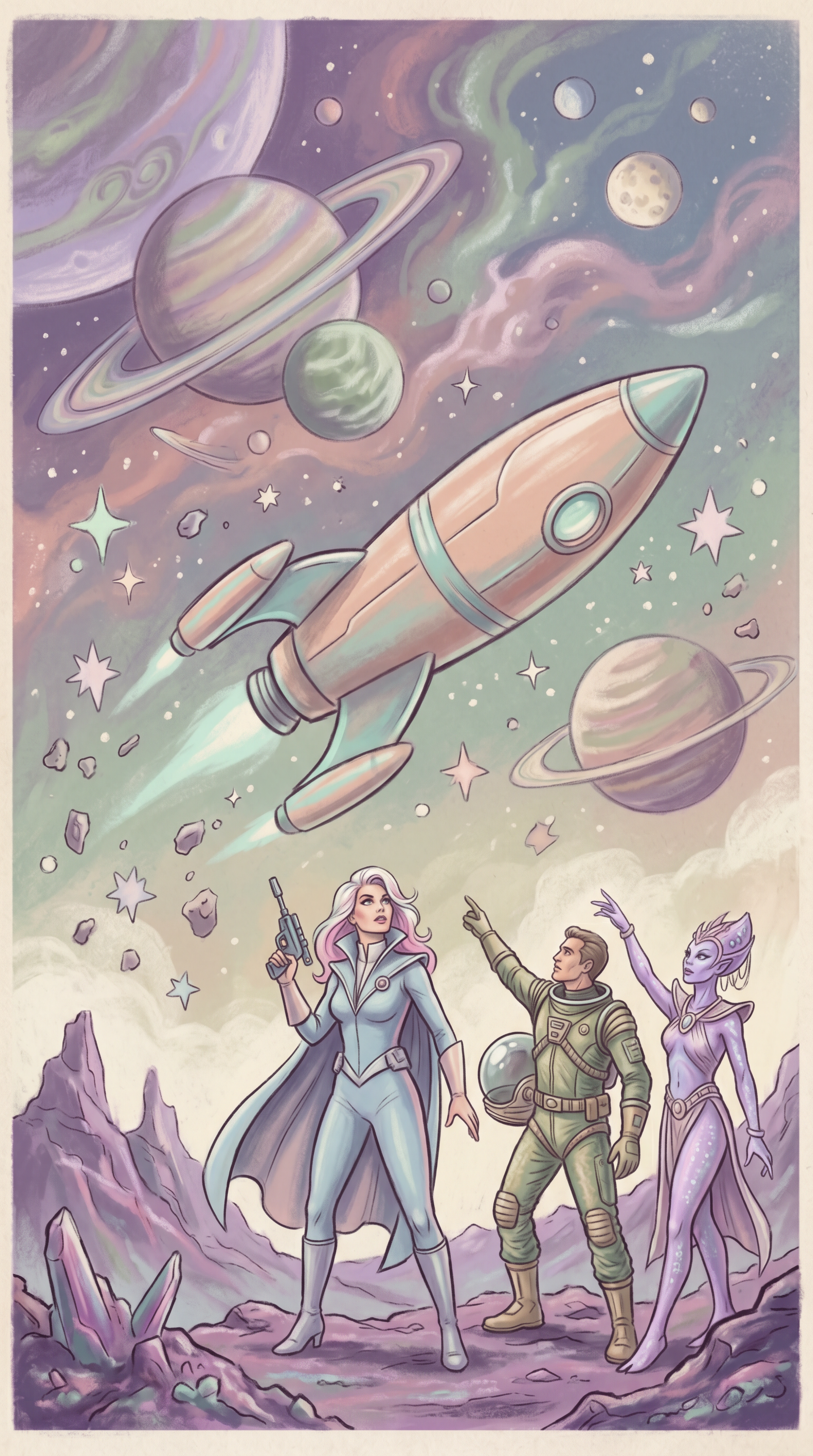 Soft pastel iPhone wallpaper — a retro rocket streaks among ringed planets and stars over a rocky alien landscape with three explorers (human and alien).