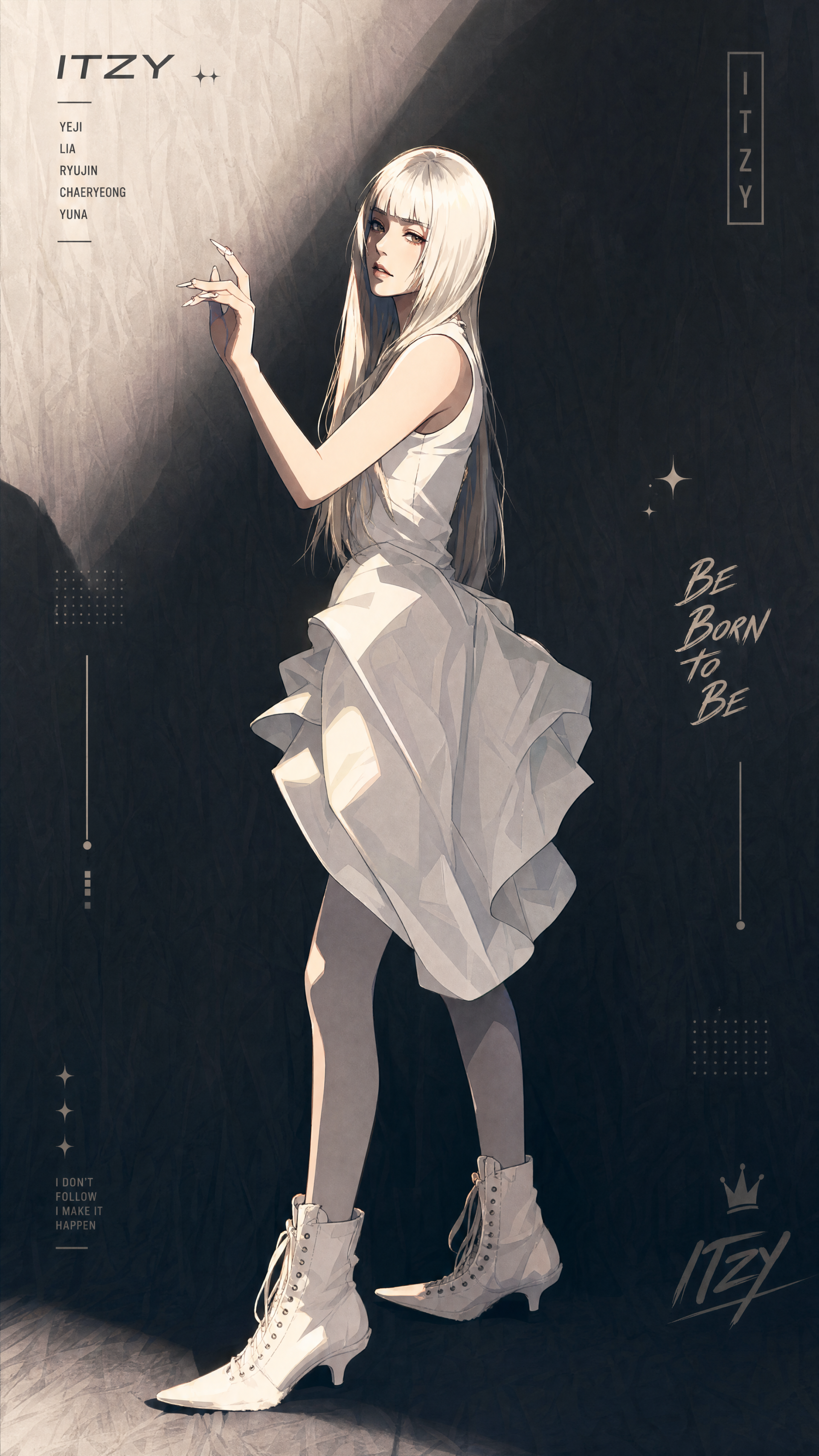 iPhone wallpaper: stylized pale-haired woman in a white ruffled dress and lace-up boots against a dark backdrop, featuring the ITZY logo and the phrase Be Born to Be.