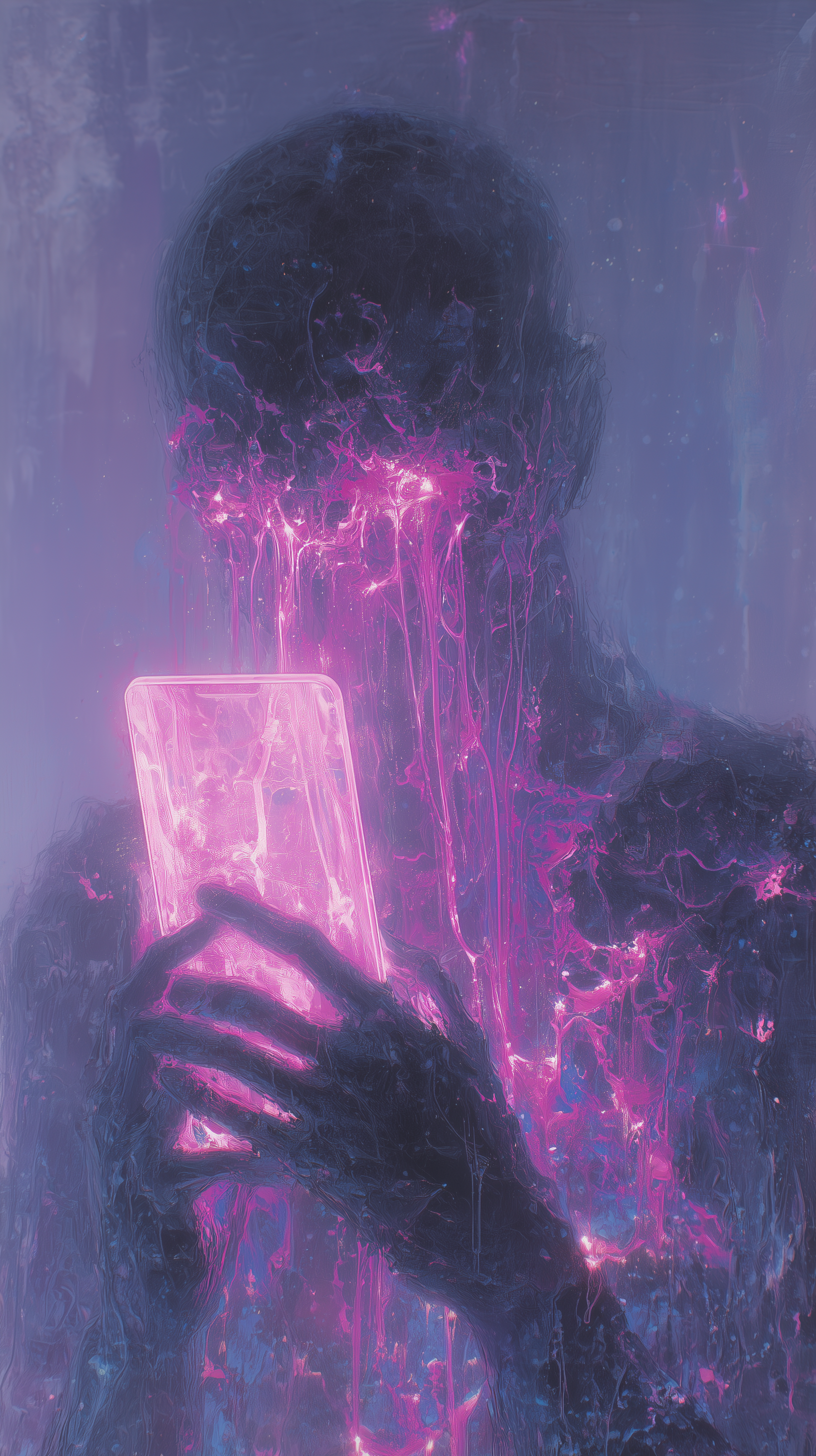 iPhone wallpaper: shadowy figure transfixed by a glowing phone, pink-purple energy flowing from the screen into the eyes and body — a visual metaphor for phone addiction.