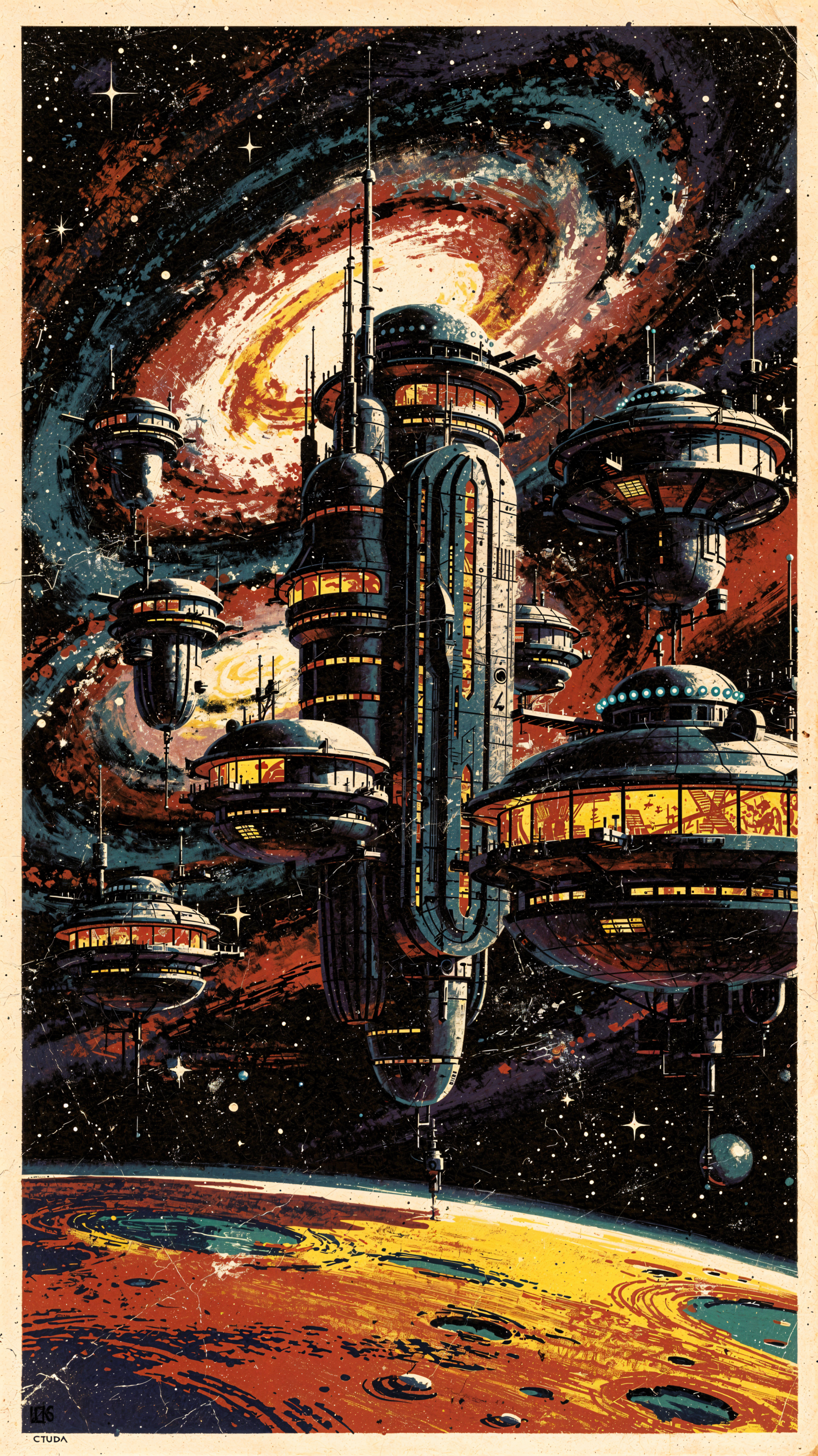 Vertical iPhone wallpaper of futuristic floating buildings and domed sky-cities above a colorful planet, framed by a swirling galaxy and a field of stars.