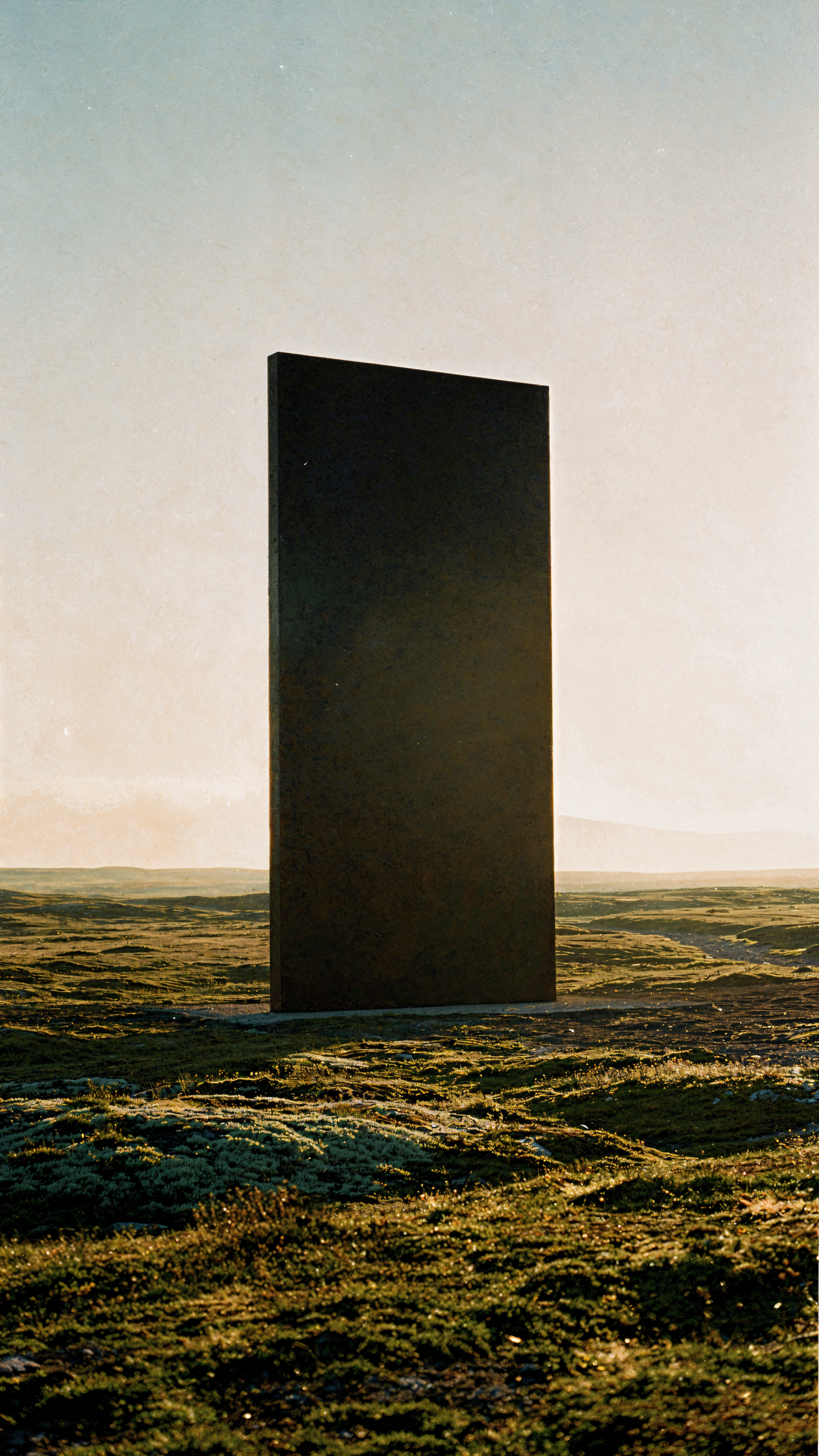 iPhone wallpaper: a lone black monolith rising from a sunlit, mossy moor under a pale, hazy sky.