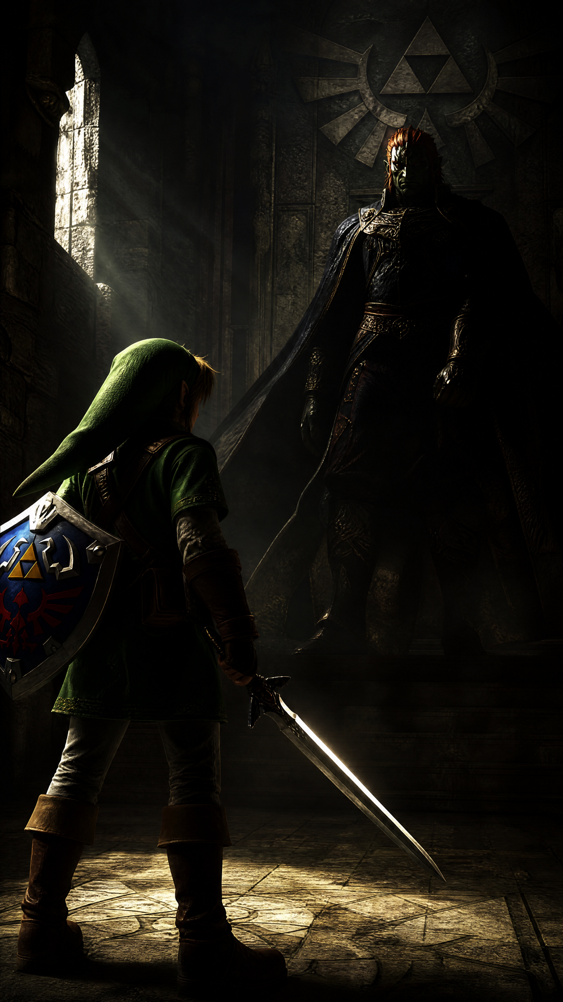 The Legend of Zelda phone/iPhone wallpaper: Link with sword and Hylian shield stands in a dim throne room, facing a towering shadowy foe beneath a carved Triforce.