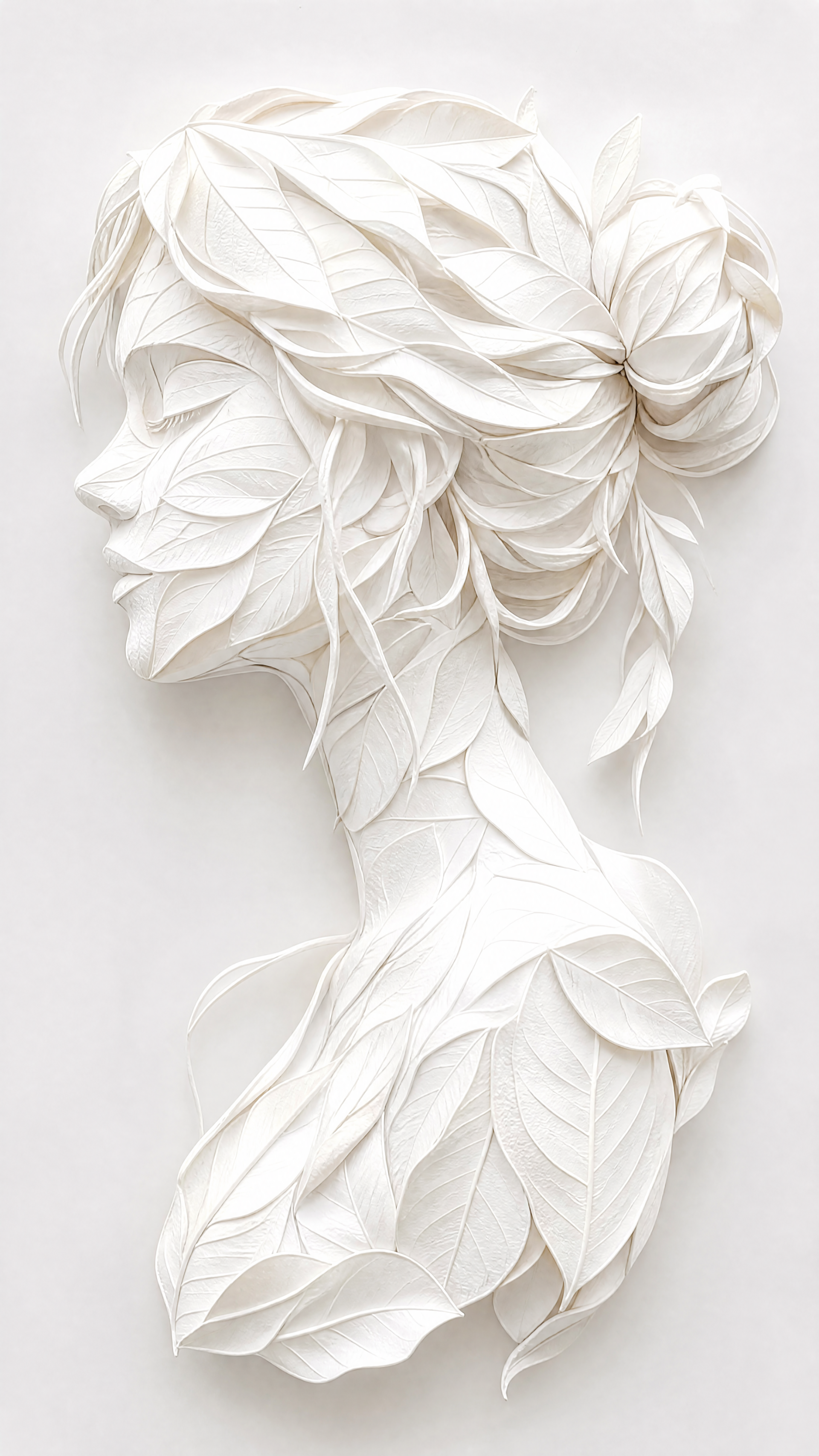 White aesthetic iPhone wallpaper showing a sculpted paper silhouette of a woman's profile made of layered leaf shapes with soft shadows.