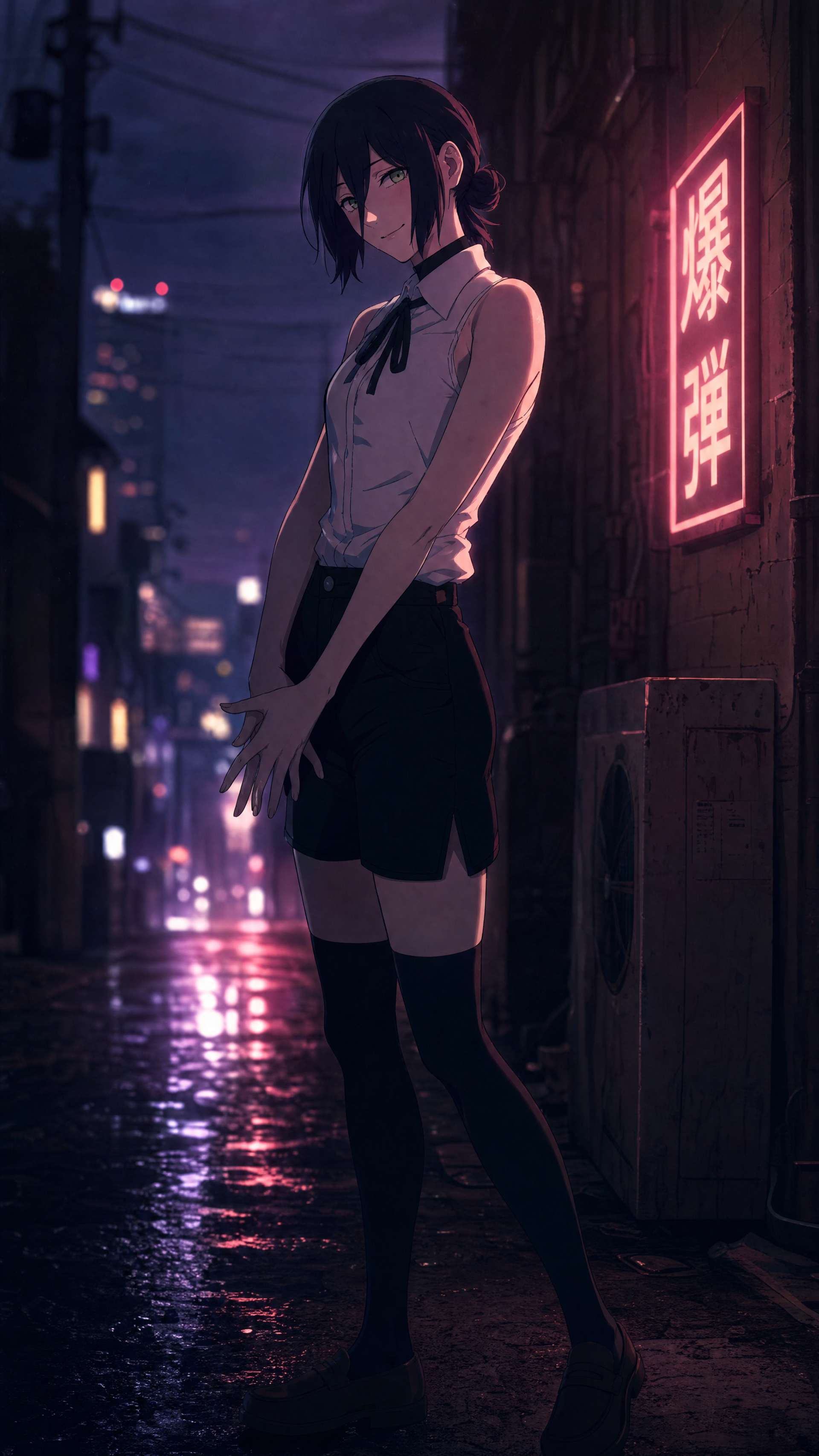 iPhone wallpaper of Reze (Chainsaw Man) standing in a neon-lit rainy alley at night in a school uniform, a pink kanji neon sign glowing beside her.