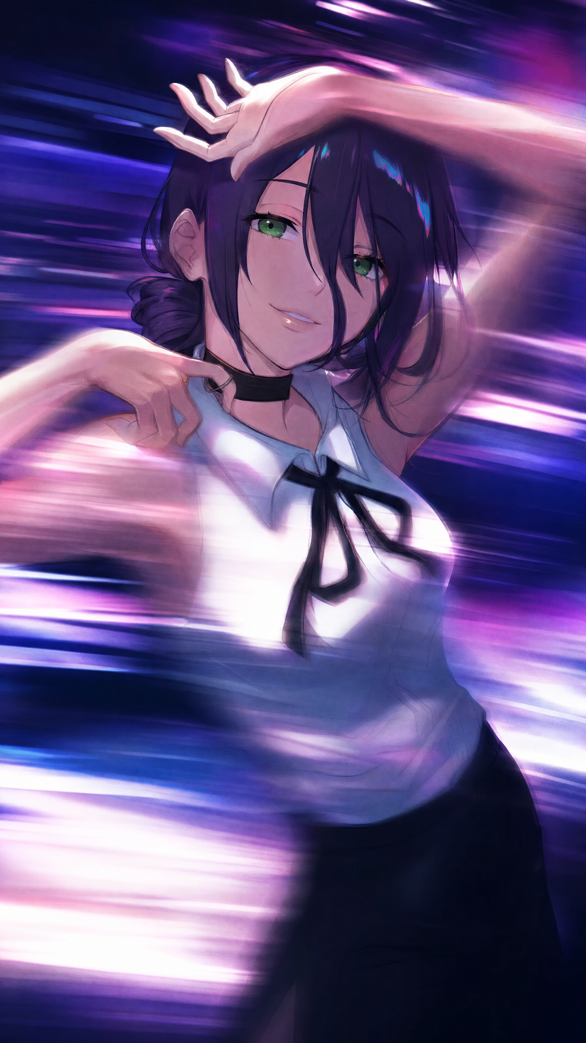 iPhone wallpaper of Reze (Chainsaw Man): smirking green-eyed woman with dark hair in a white blouse and black ribbon, motion-blurred purple streaked background