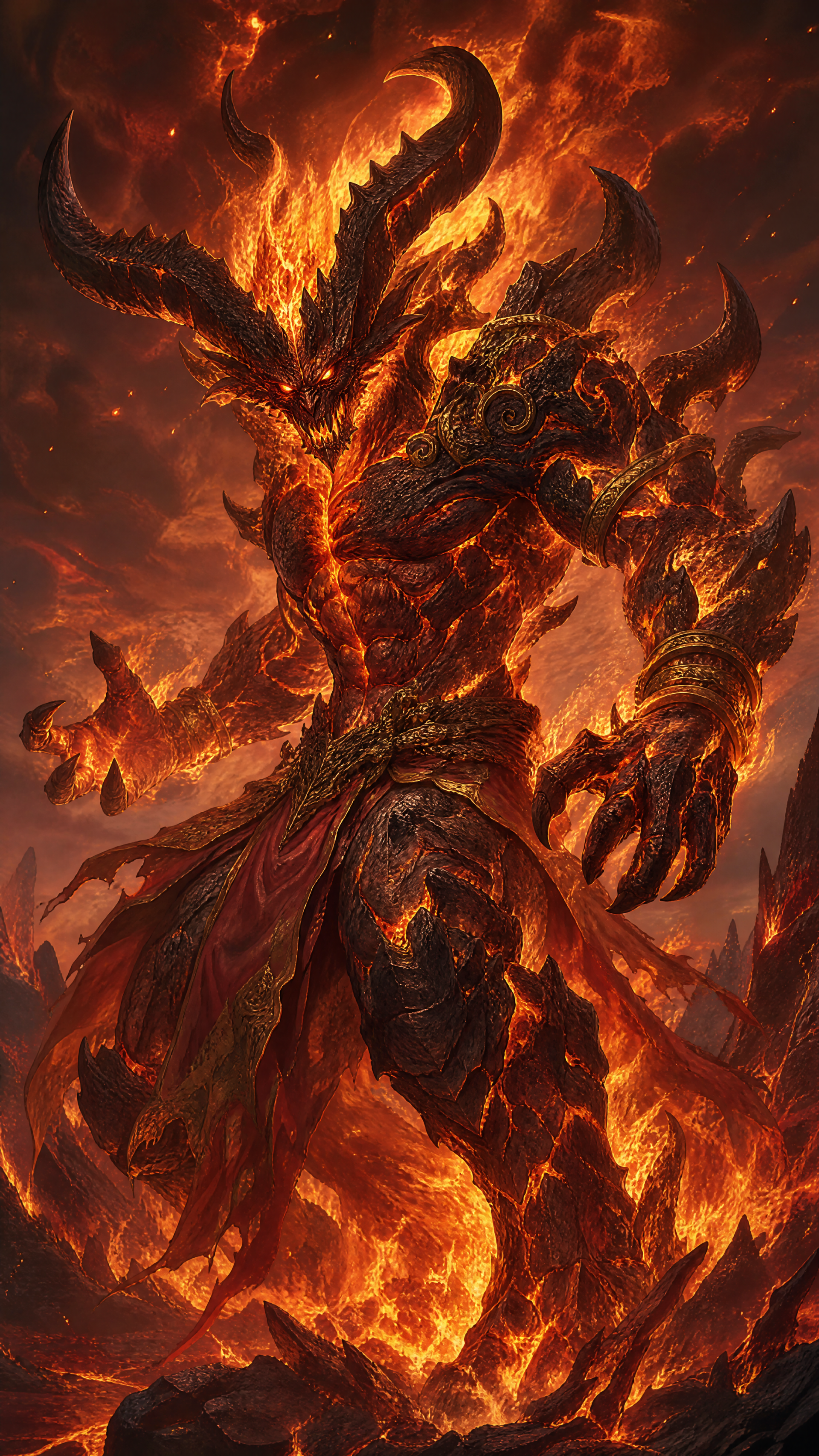 Fiery Ifrit towering in molten armor with horned silhouette and blazing eyes, engulfed in lava and smoke — dramatic iPhone wallpaper.