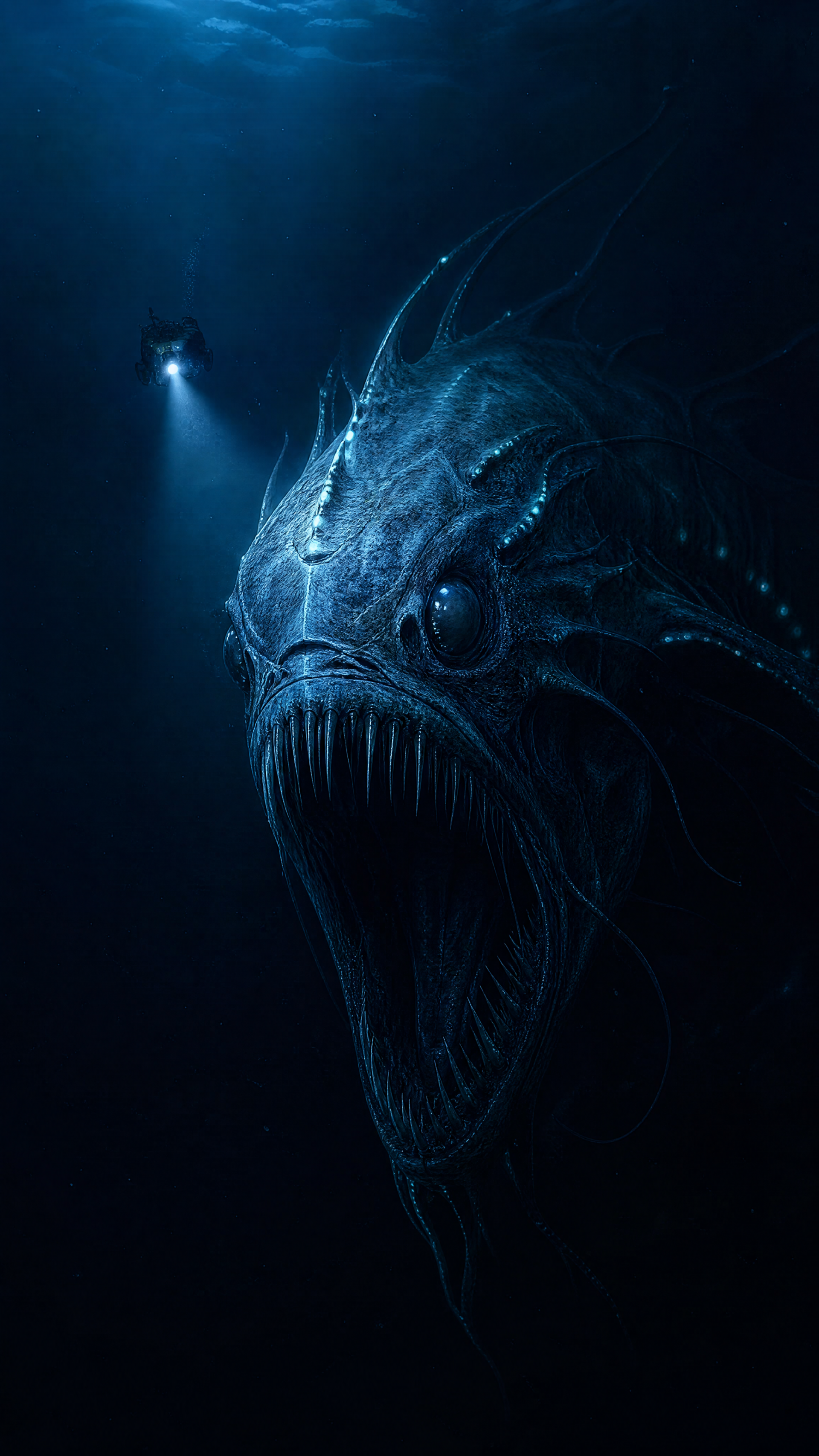 iPhone wallpaper showing a bioluminescent deep-sea creature with gaping needle-toothed jaws and glowing head spots, illuminated by a distant submersible light in the dark blue abyss.