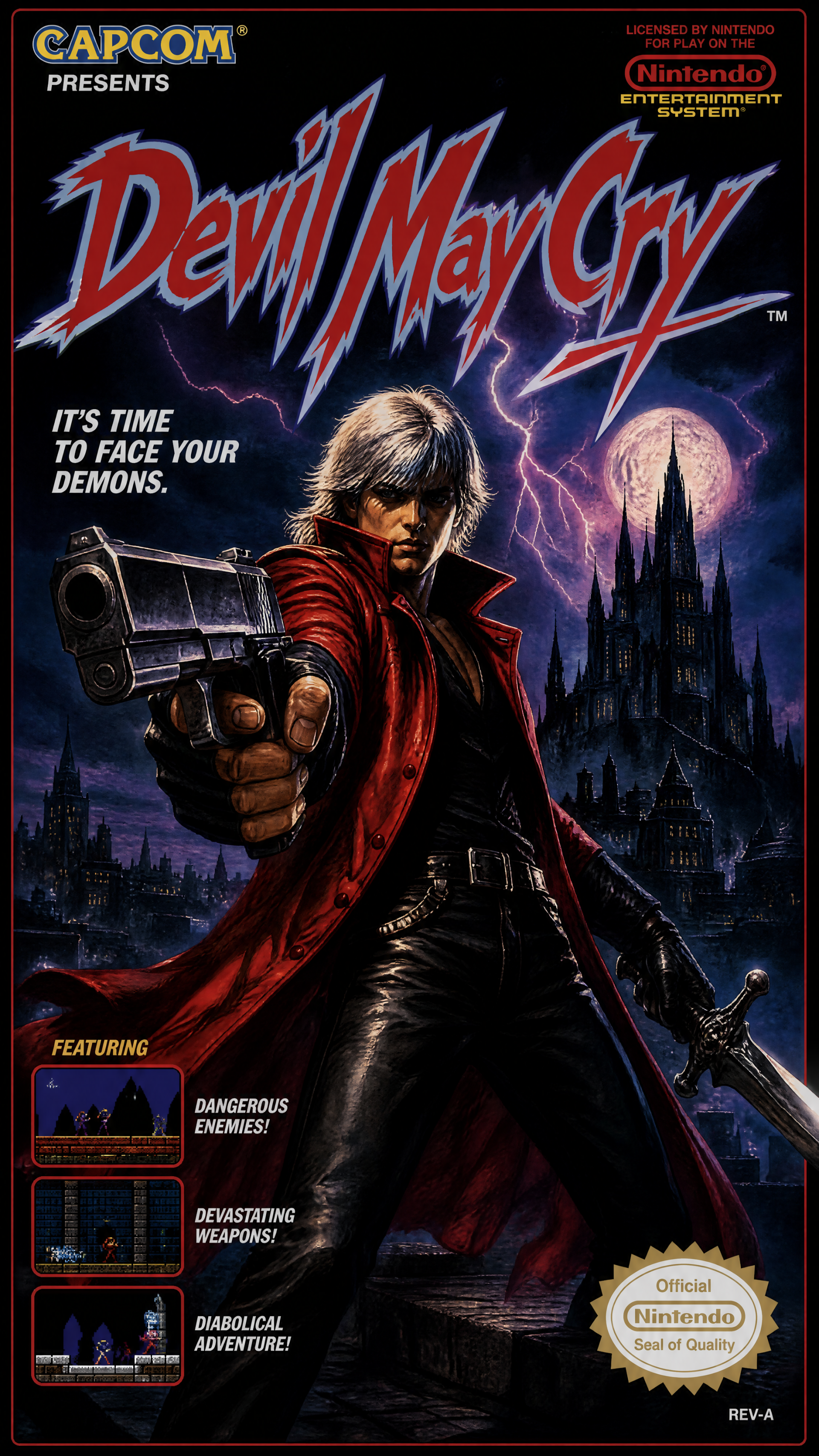 Devil May Cry iPhone wallpaper: Dante in a red coat fires a handgun at the viewer, sword in hand, with a lightning-lit full moon and a towering gothic castle behind him.