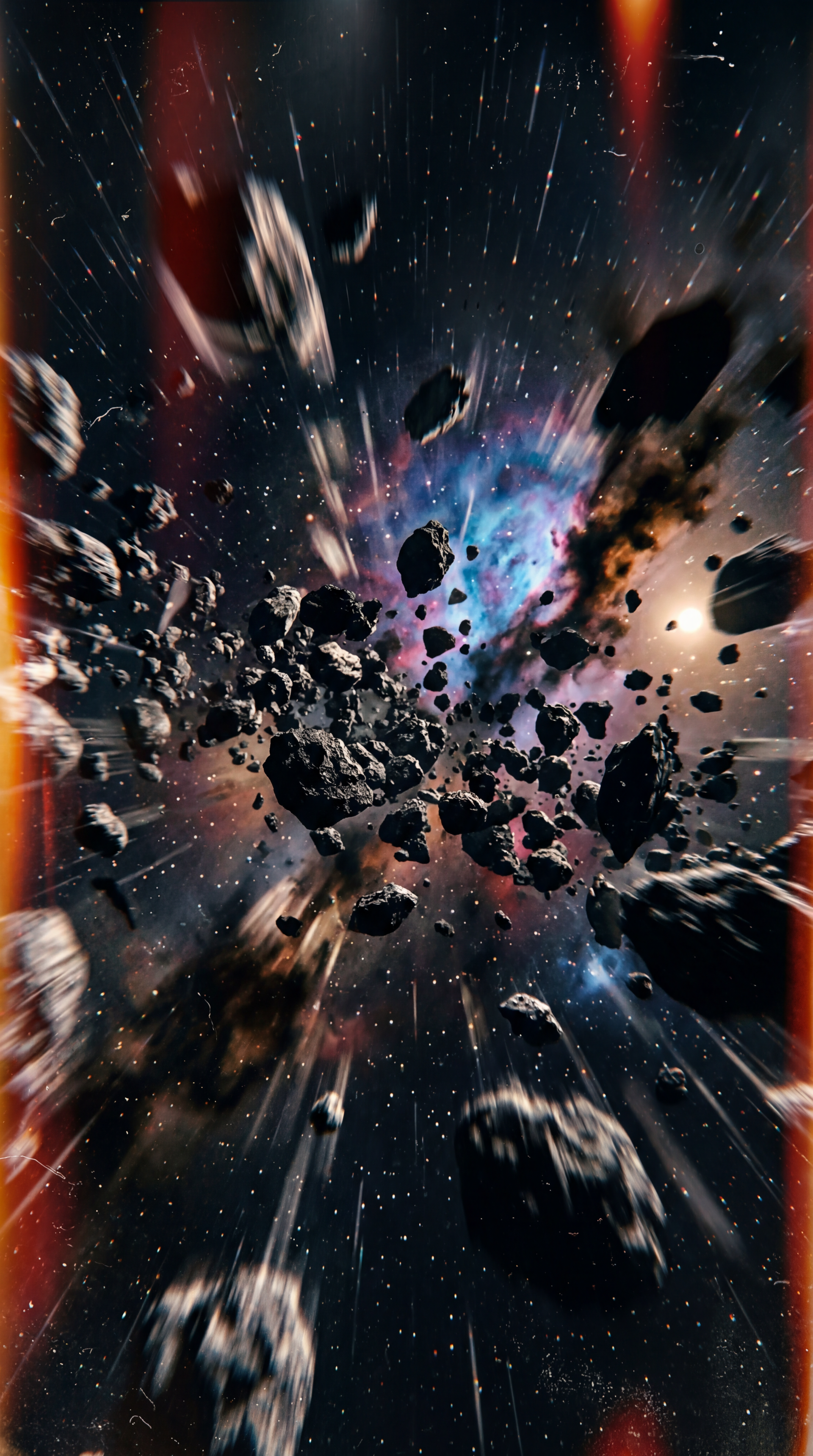 Vertical iPhone wallpaper of a speeding asteroid field: jagged rocks and debris streak toward the viewer against a colorful nebula and starfield.