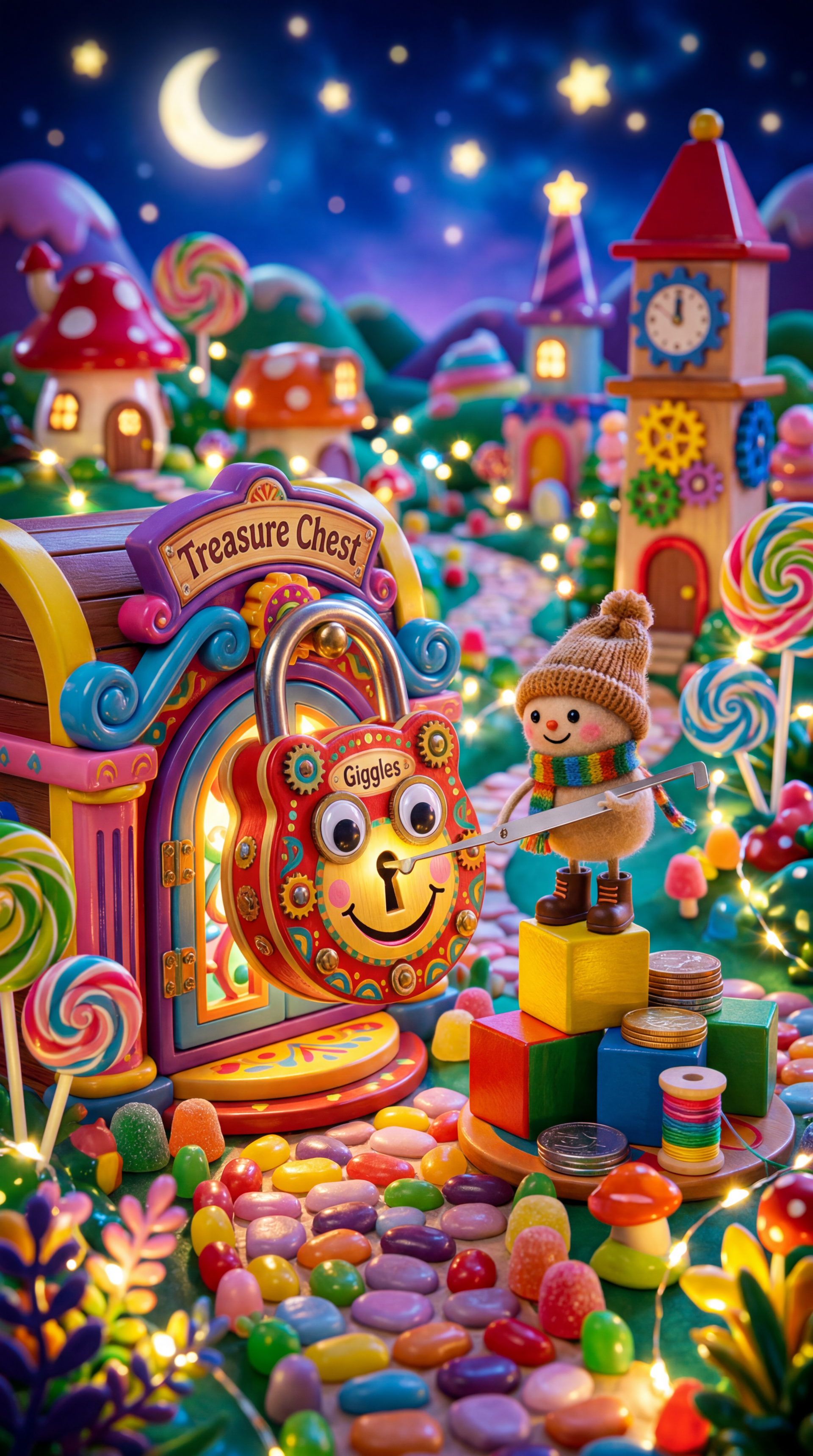 Vibrant iPhone wallpaper of a candyland lockpicking scene: a toy snowman uses a pick on a smiling Giggles padlock sealing a treasure chest amid glowing lollipops.