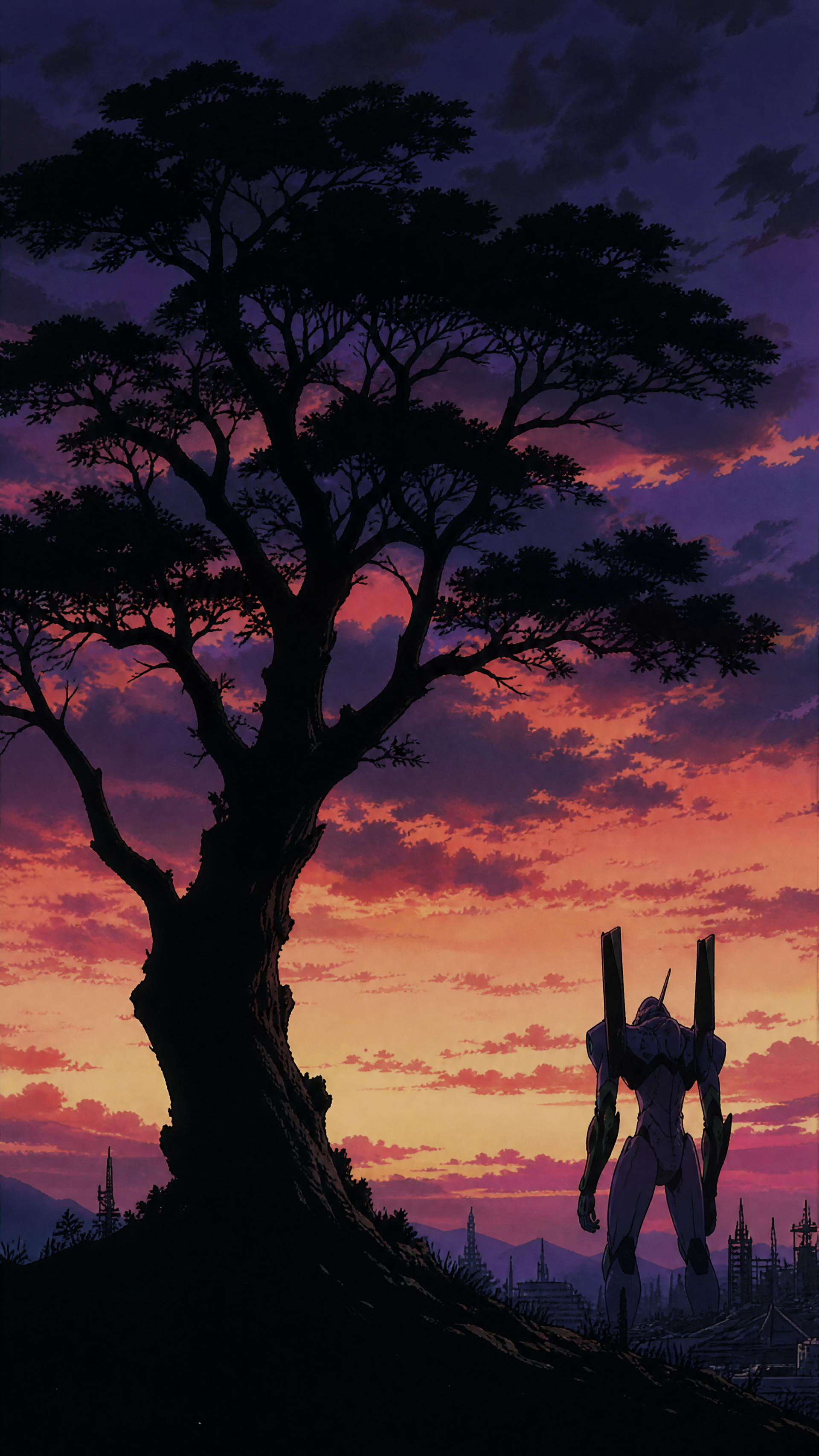 iPhone wallpaper of a silhouetted giant mech standing beside a lone tree against a vivid purple-orange sunset above a distant city skyline.