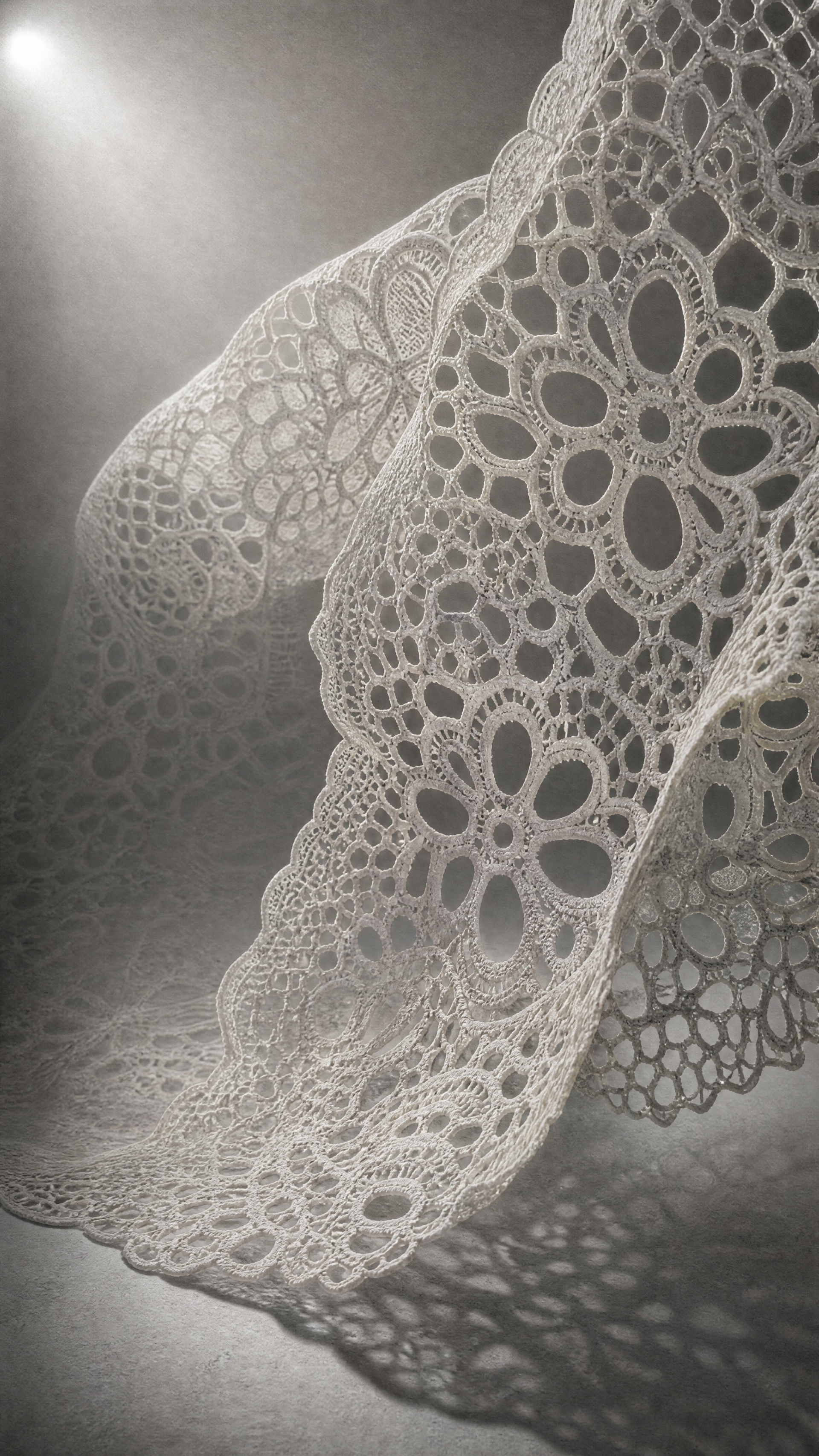 iPhone wallpaper: delicate white lace pattern draped in soft light, casting intricate floral-motif shadows and looping textures.