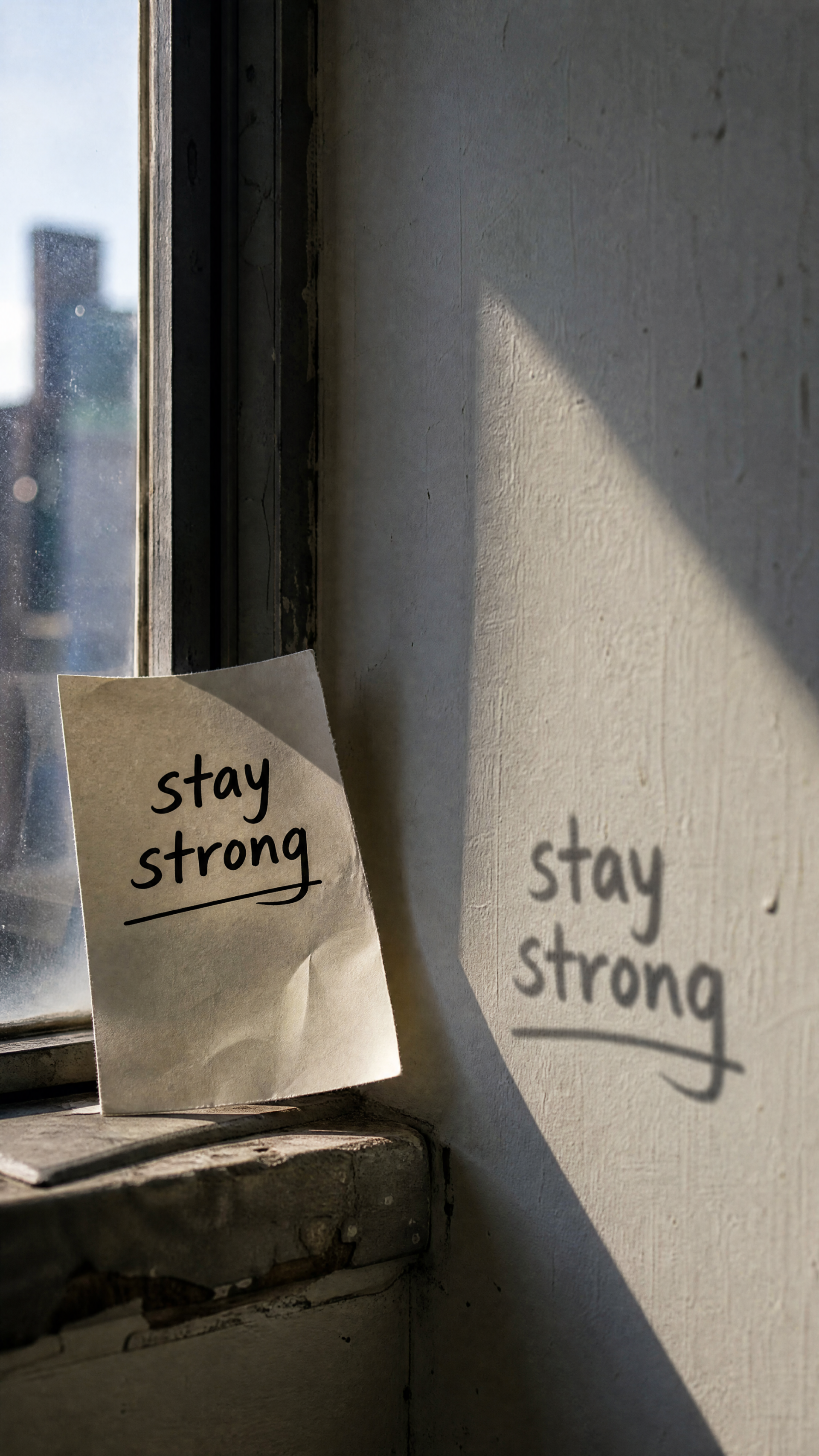 iPhone wallpaper: sunlit windowsill with a crumpled note reading stay strong, its shadow casting the same handwritten words on the nearby wall.