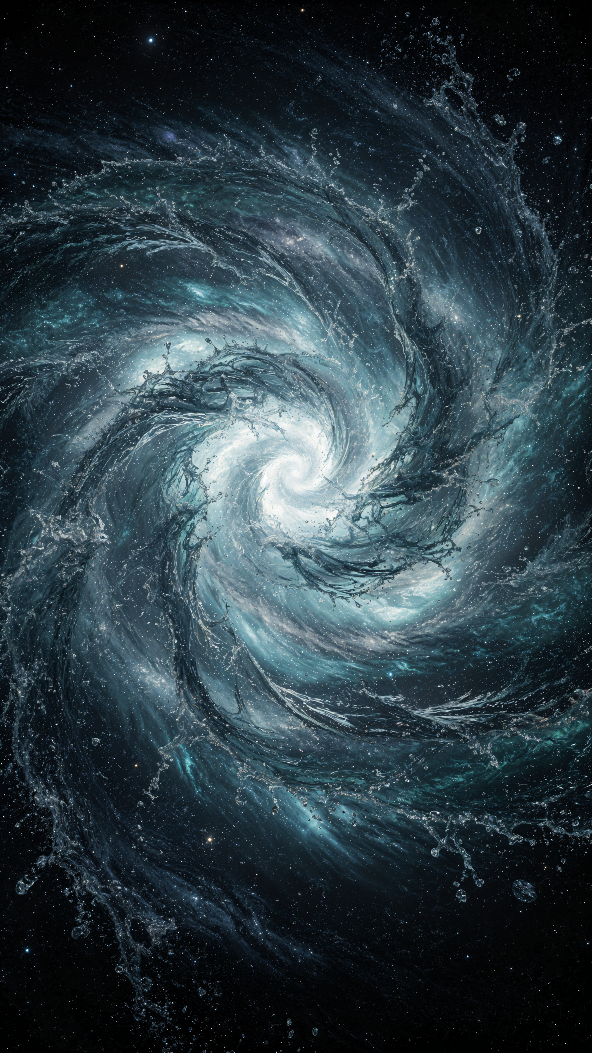 Teal-and-silver spiral cosmic storm swirling into a bright core, moody space texture rendered as an iPhone wallpaper.