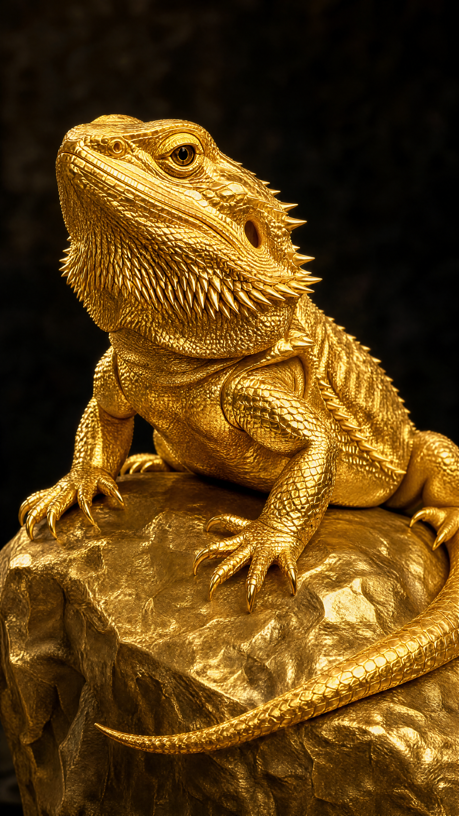 Golden bearded dragon perched on a rock against a dark backdrop, framed vertically as a phone/iPhone wallpaper.
