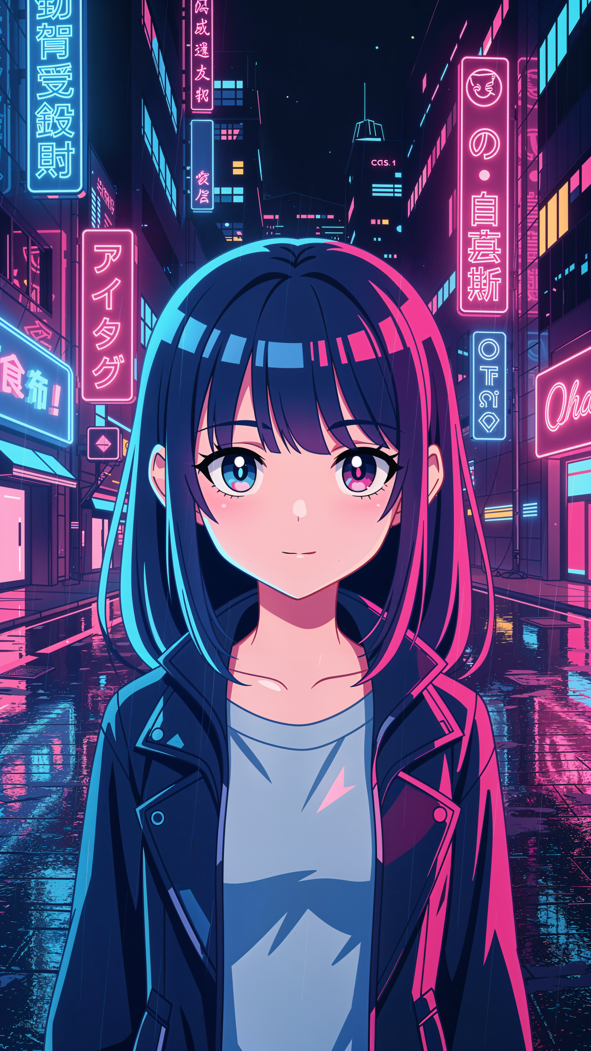 Neon anime iPhone wallpaper: a blue-and-pink lit girl with mismatched eyes stands in a rainy cyberpunk street lined with glowing Japanese neon signs.