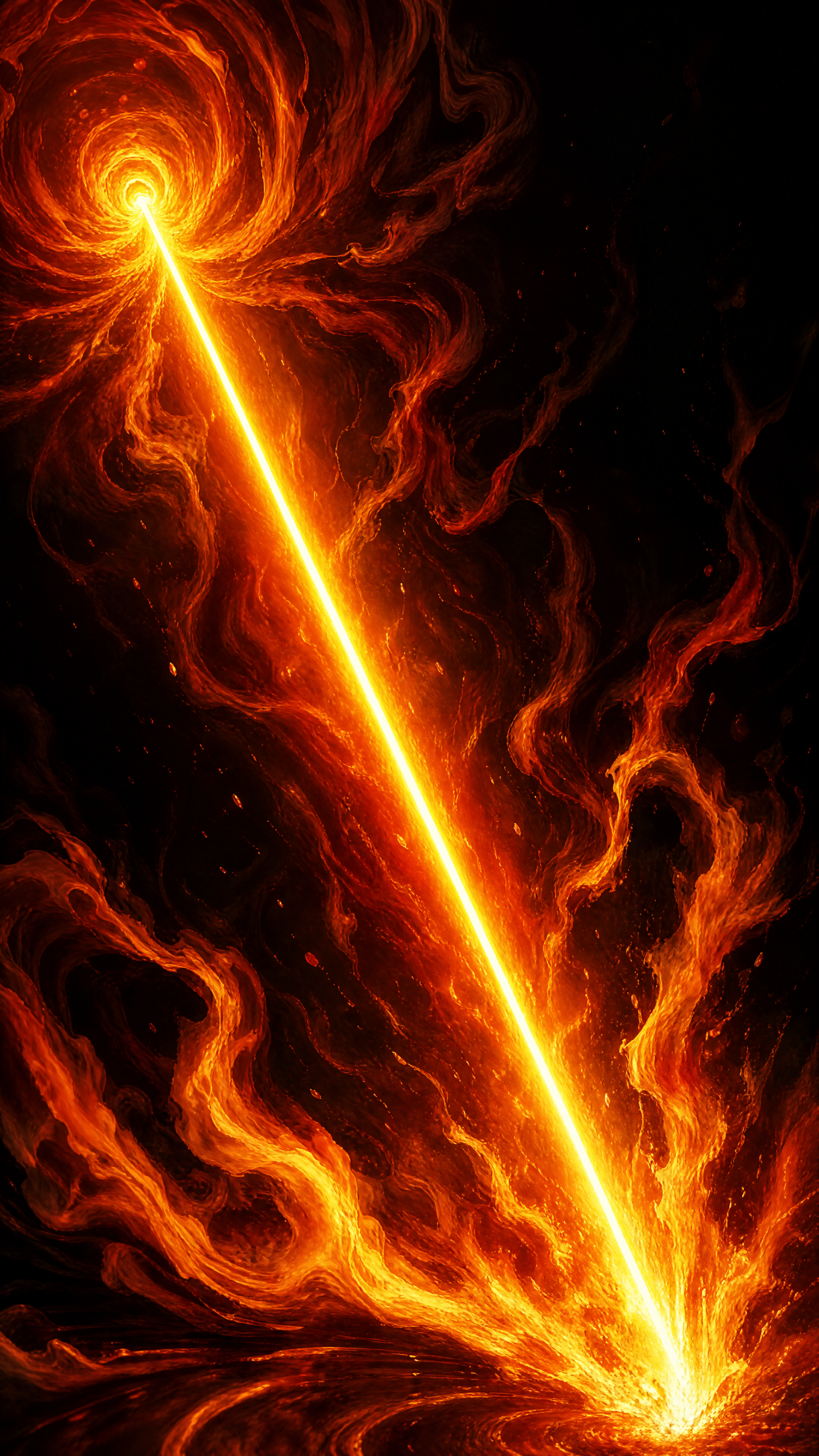 Phone wallpaper showing a blazing orange laser beam cutting from a fiery vortex at top-left to an impact point at bottom-right, surrounded by swirling flames on a dark background.