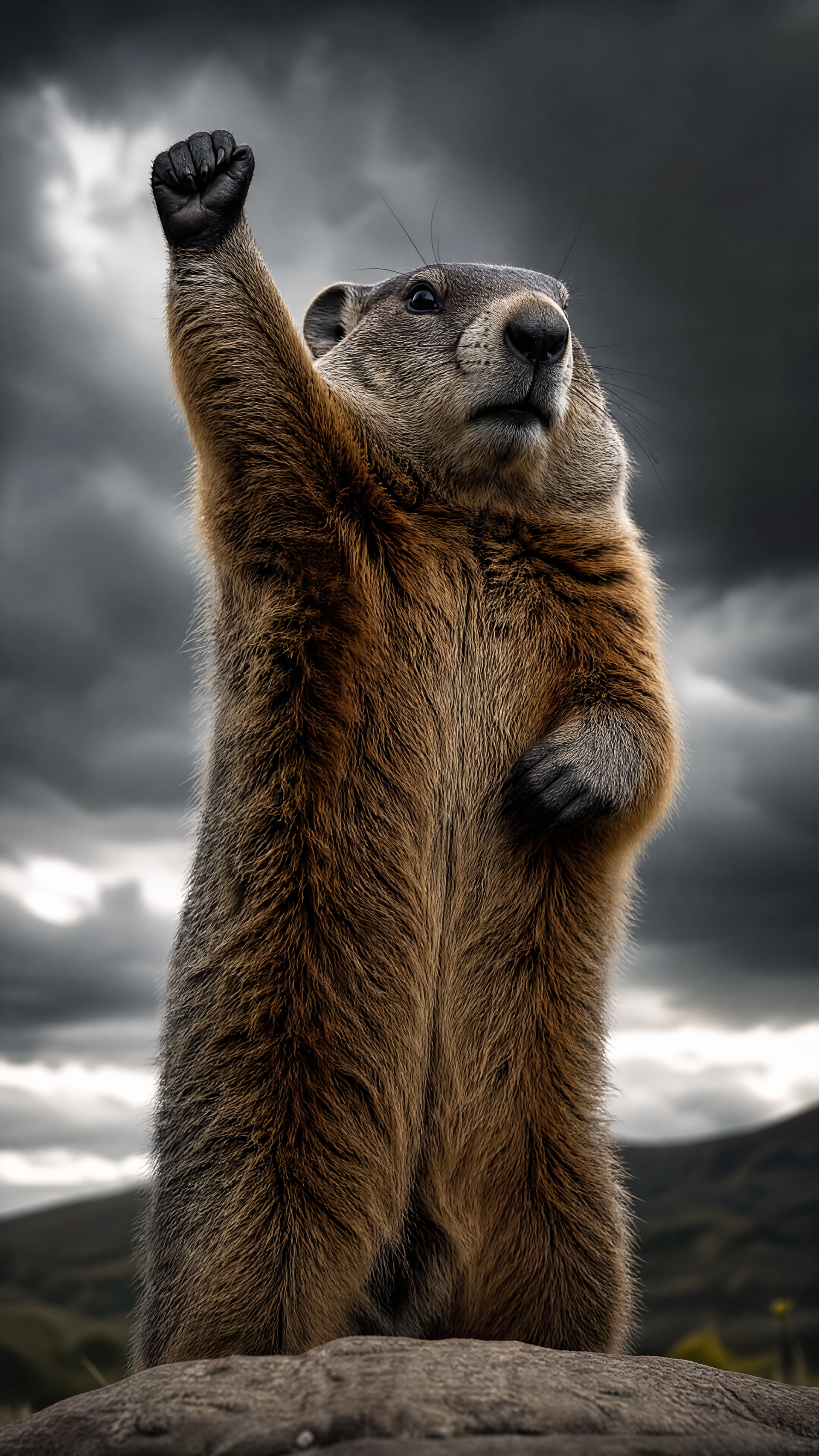 iPhone wallpaper portrait of a groundhog standing upright on a rock, one paw raised like a salute against a dramatic, cloudy sky.
