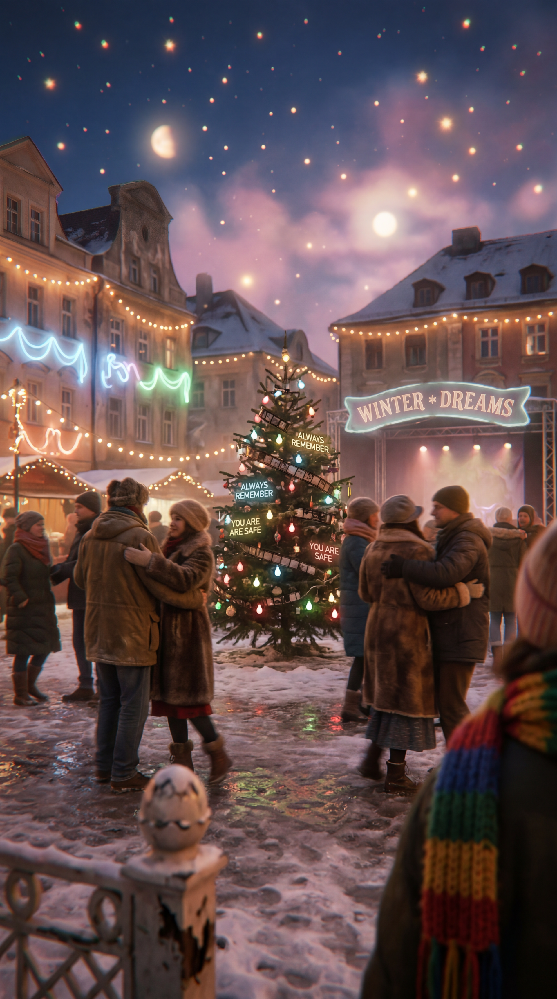 Joyful holiday iPhone wallpaper: snowy European square at dusk, twinkling lights, decorated Christmas tree and couples dancing under festive string lights.