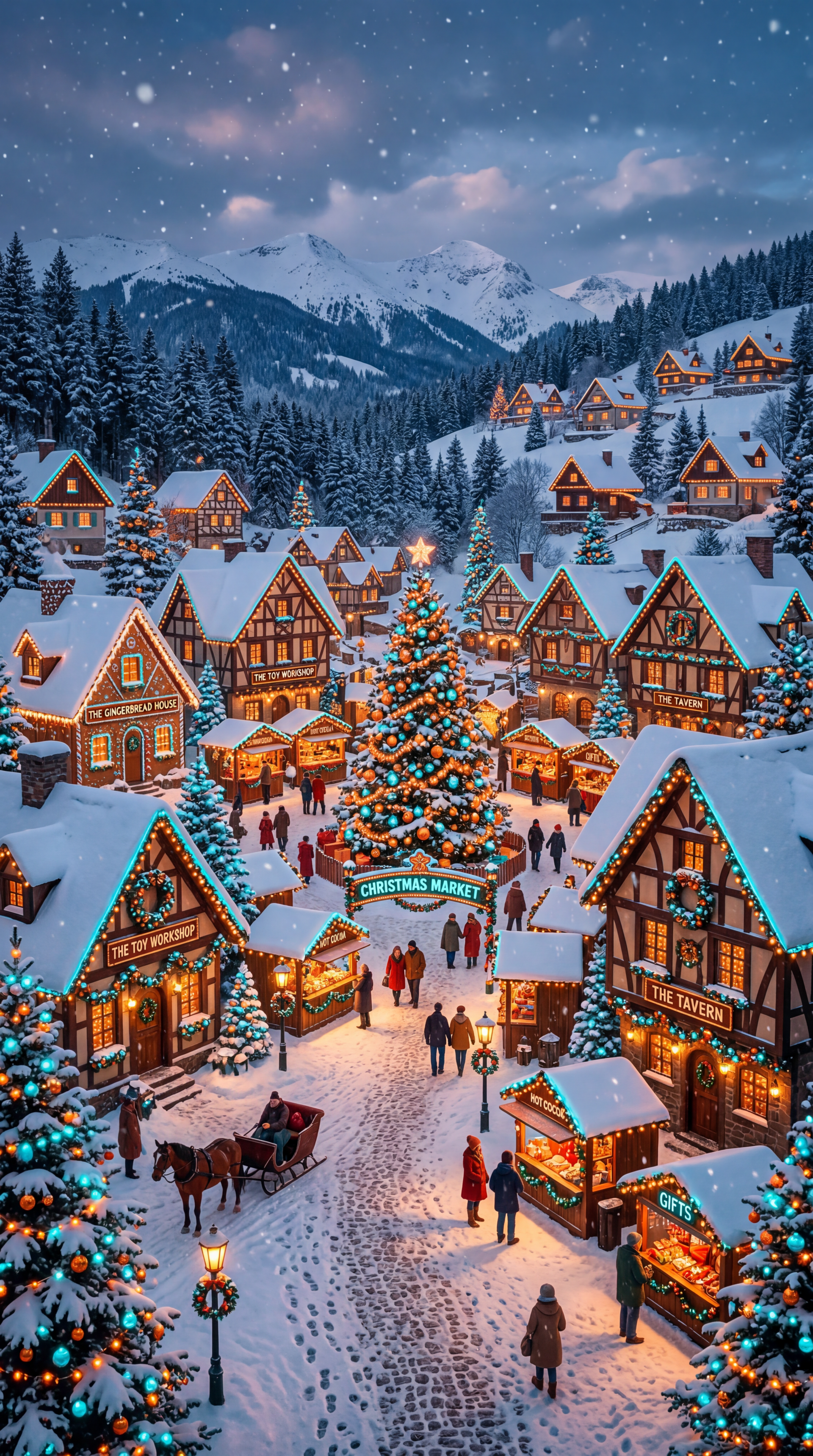 iPhone wallpaper — snowy Christmas village market at dusk with glowing timber cottages, a decorated central tree, horse-drawn sleigh, falling snow and mountain backdrop