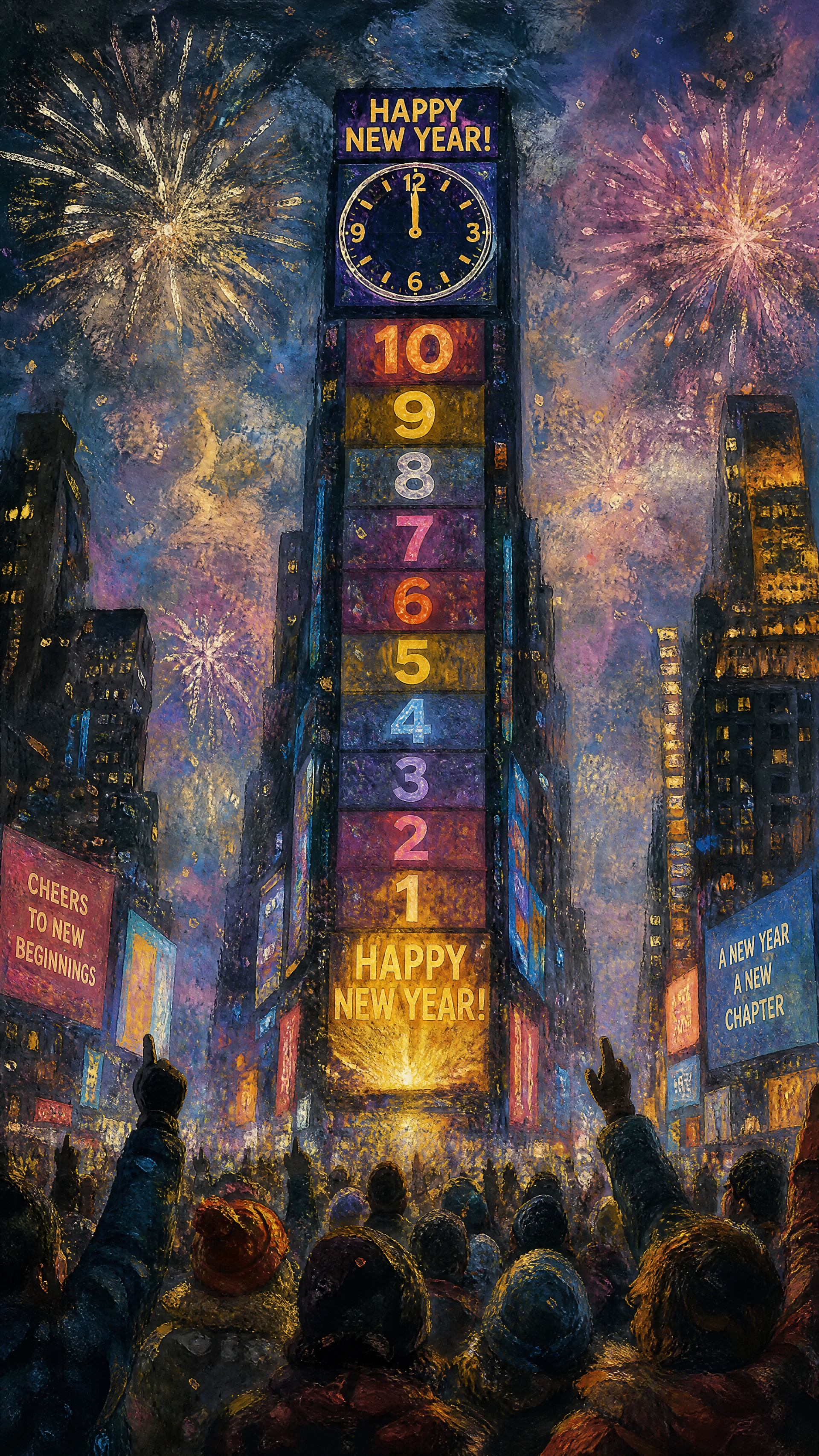 Phone wallpaper showing a New Year countdown tower (10–1) with HAPPY NEW YEAR! displays, fireworks lighting the sky and a jubilant crowd raising hands.