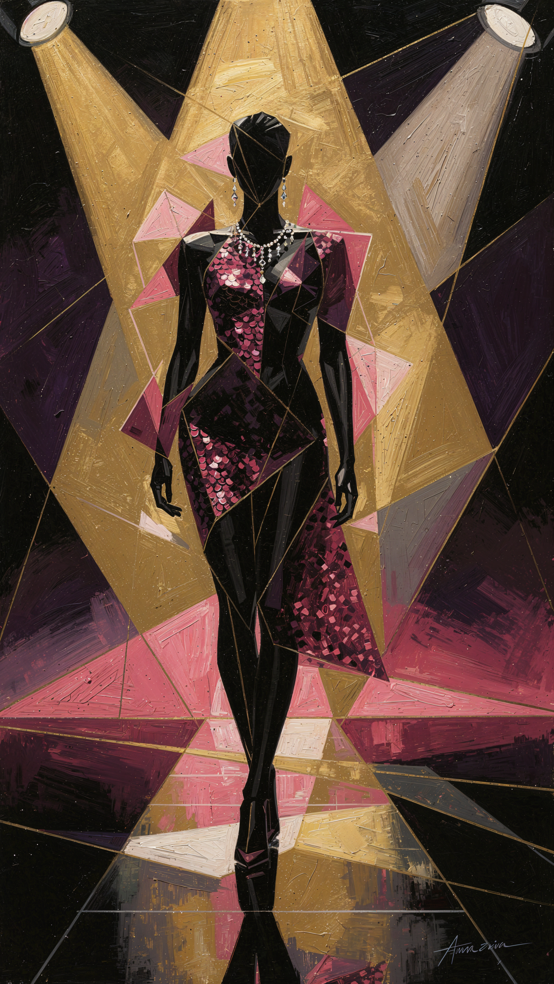 Glam iPhone wallpaper of a silhouetted figure in a sparkling pink dress and pearls, striding beneath golden spotlights amid angular, art‑deco geometric shapes.