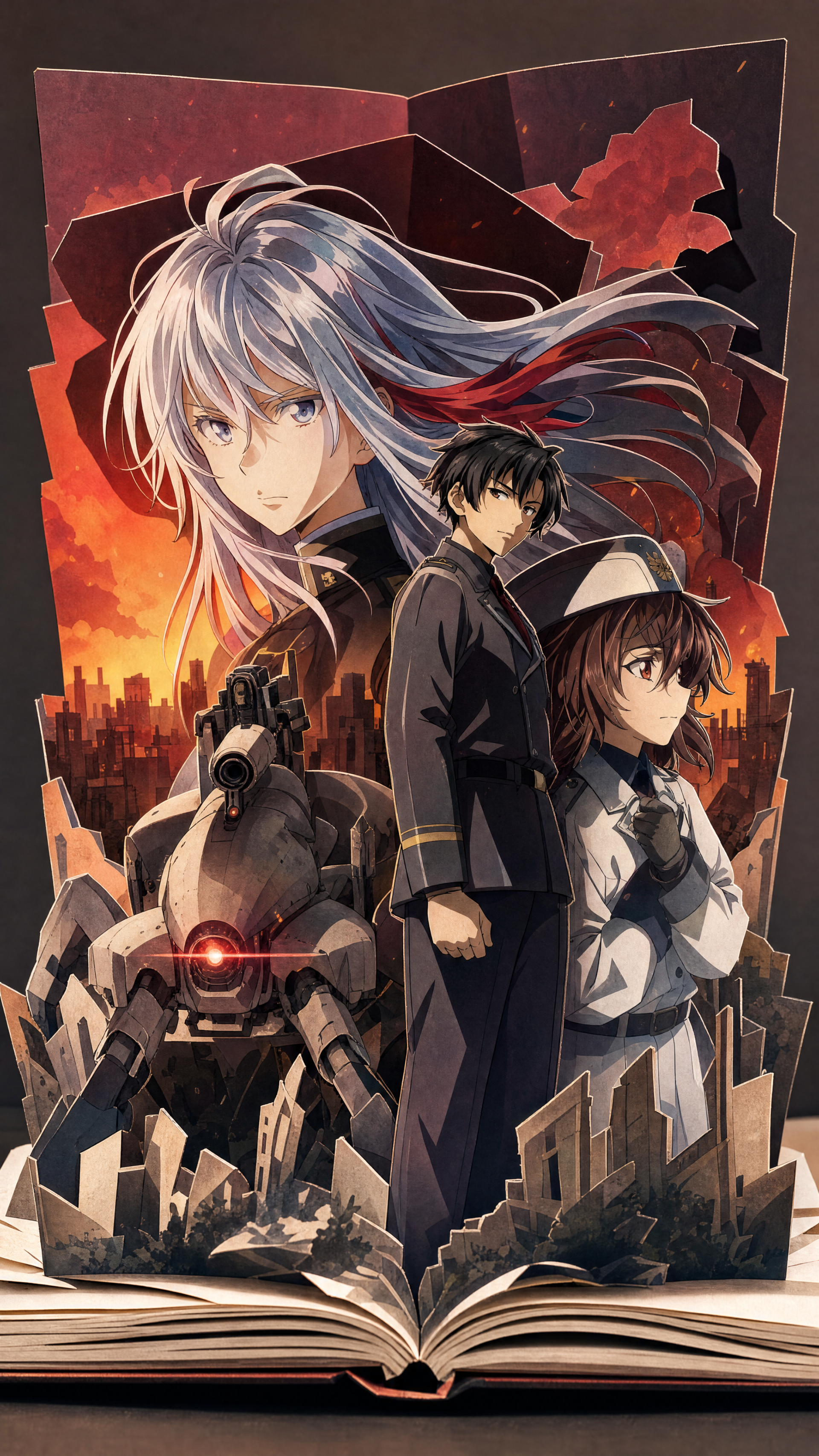 Eighty Six iPhone wallpaper: an open pop-up book revealing three characters (white-haired leader, dark-haired youth, uniformed girl), a battle mech and ruined cityscape beneath a red sky.