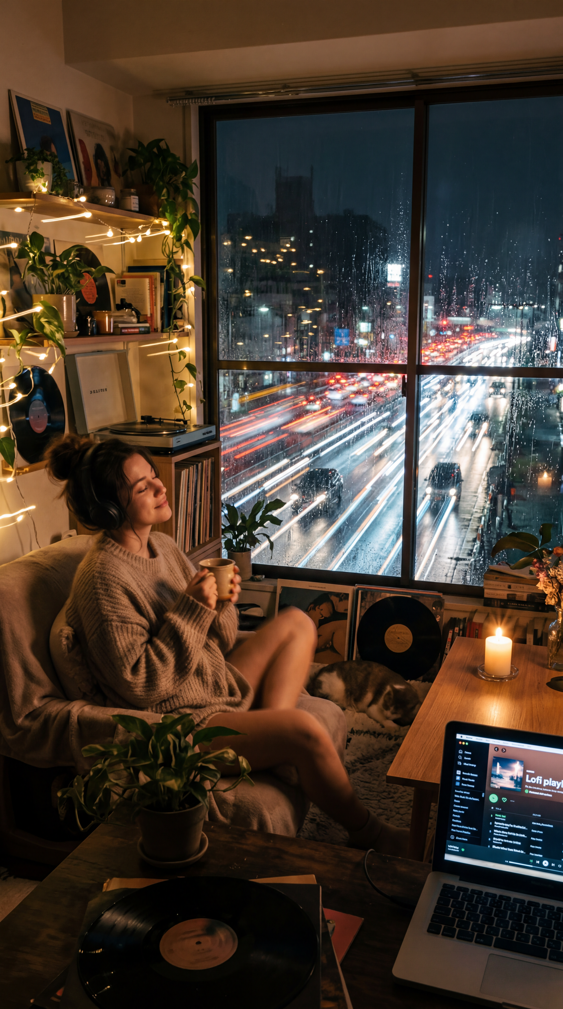 Chill lofi iPhone wallpaper: cozy room at night, person in a sweater holding a mug amid vinyls and plants, laptop with lofi playlist, candlelight and rainy city light trails outside the window.