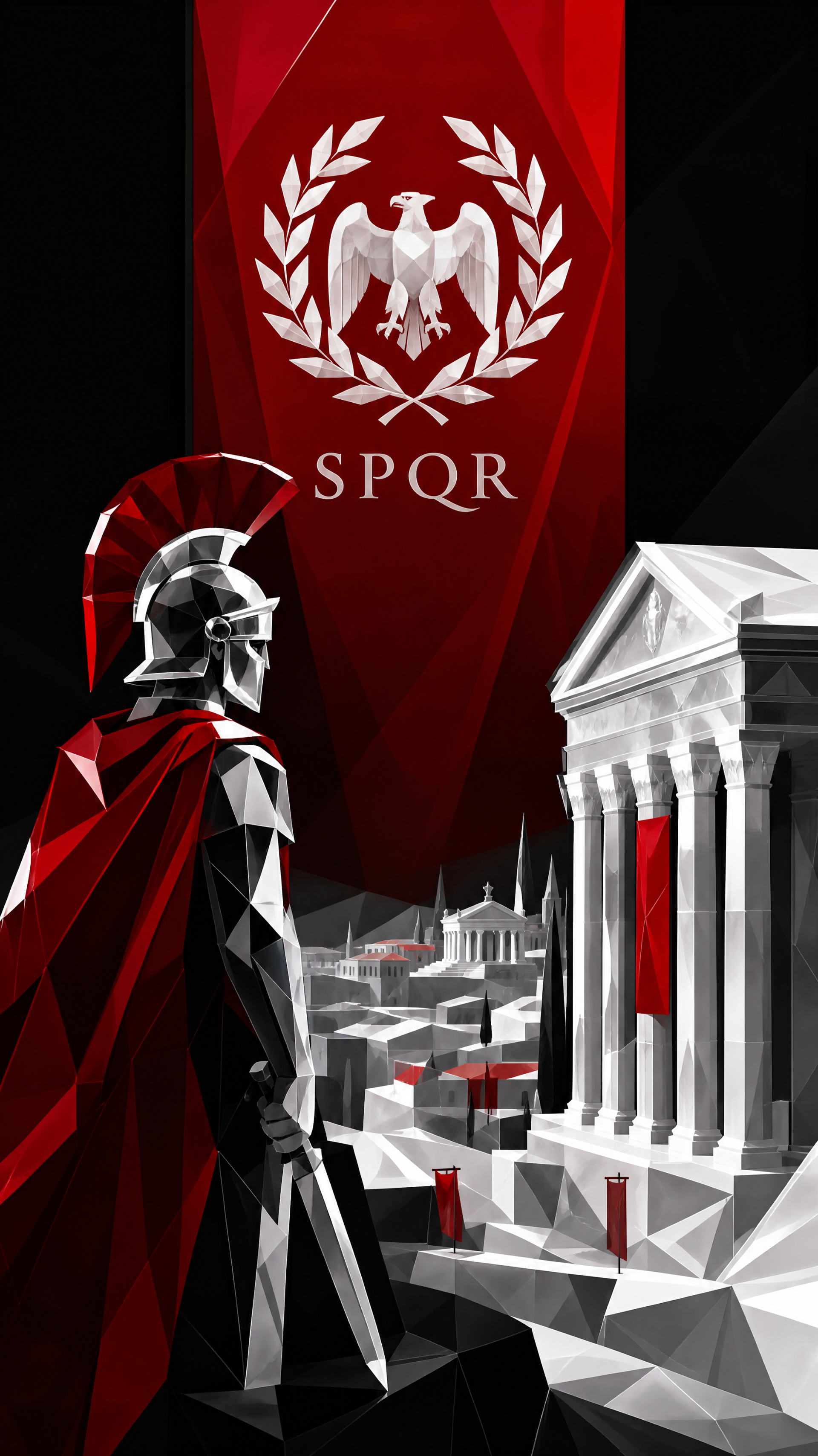 iPhone wallpaper of a geometric Roman Empire scene: helmeted legionary in a red cloak overlooking a marble temple and city beneath an SPQR laurel and eagle emblem.