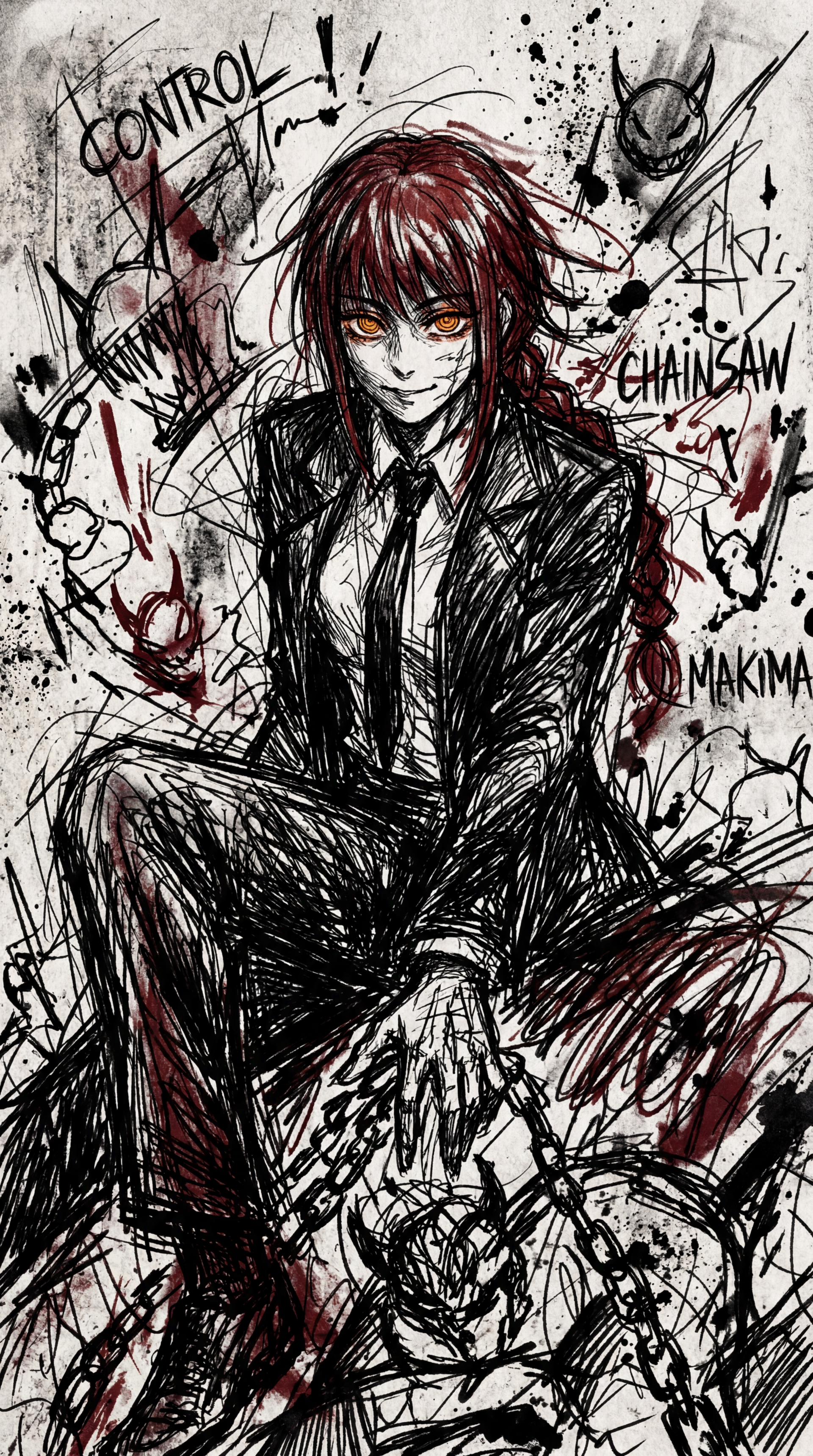 Grungy sketch of Makima (Chainsaw Man) in a suit, glowing eyes, chains and blood-splatter details — vertical iPhone wallpaper.