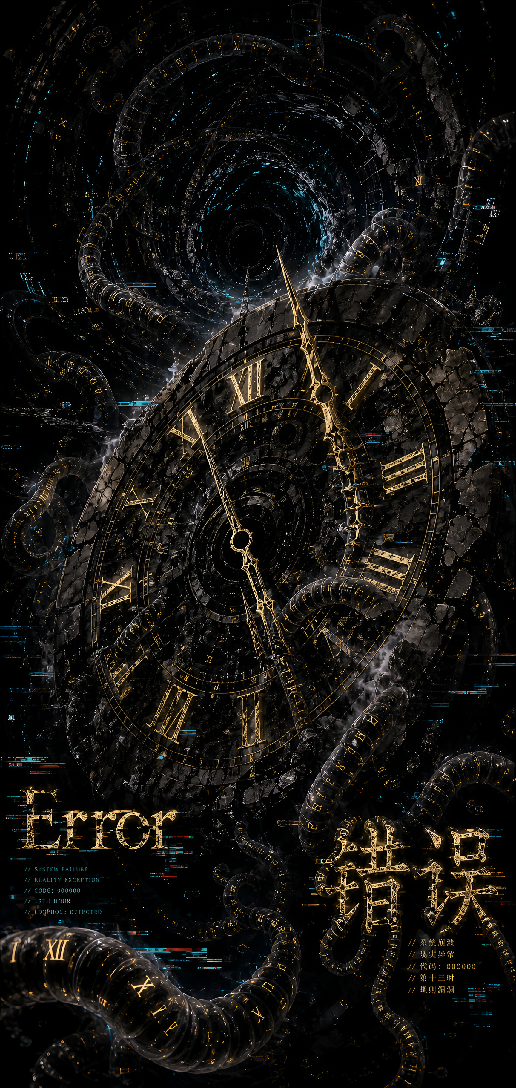 Amoled fan art, AI Art phone wallpaper: fractured antique clock with gold Roman numerals, twisting techno-tentacles, glitch effects and the word Error plus Chinese characters.