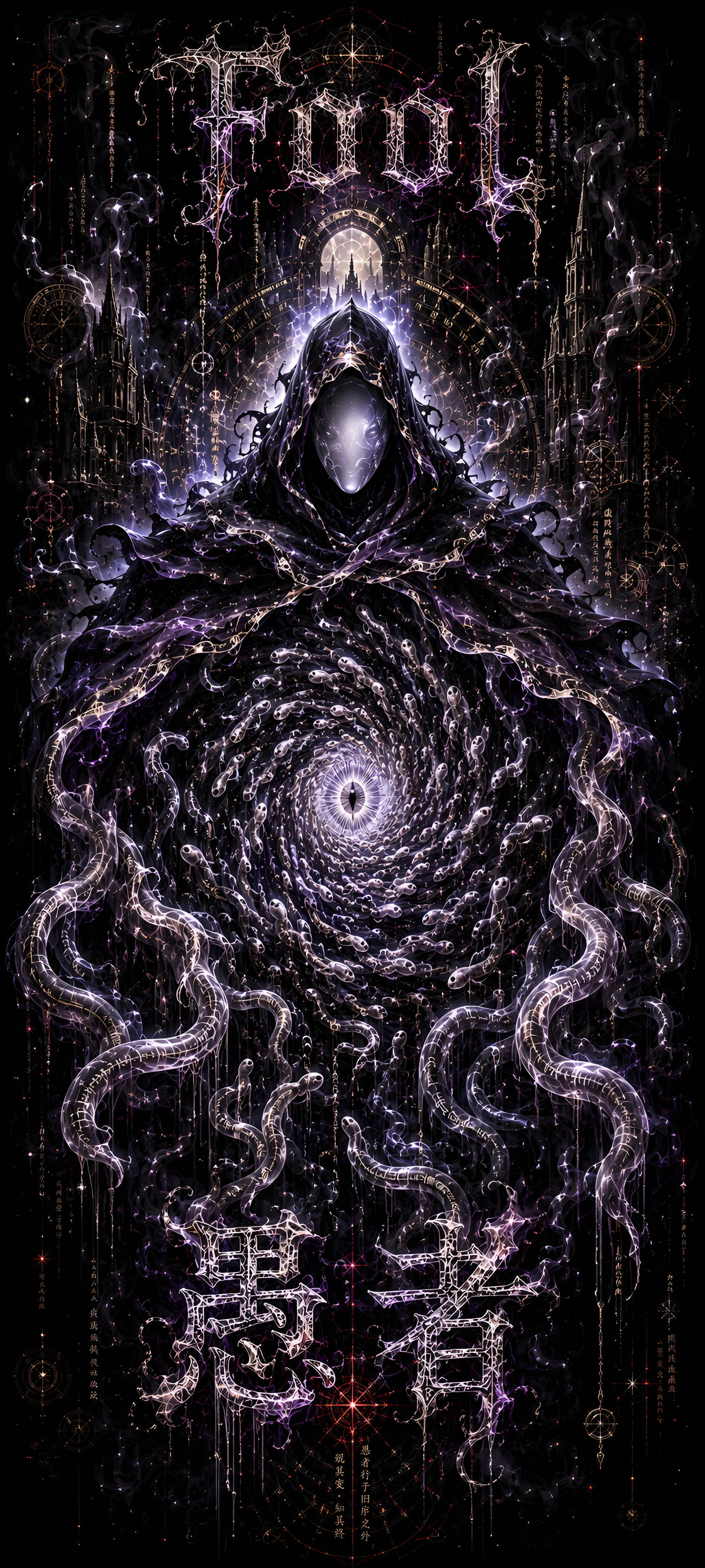 Amoled AI fan art iPhone wallpaper: hooded faceless figure above a spiraling cosmic vortex, writhing ethereal tendrils and glowing gothic text on a deep black background.