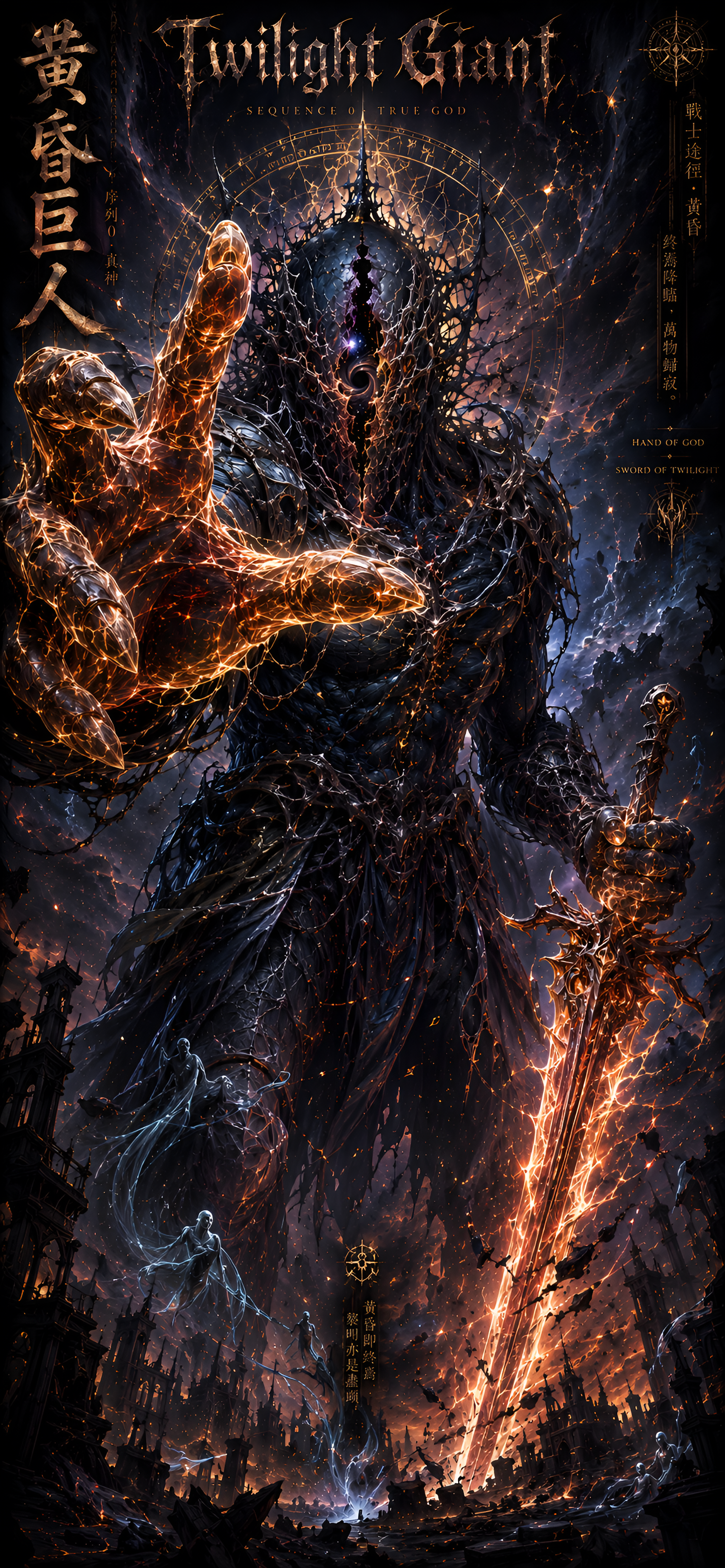 AI Art fan art AMOLED phone wallpaper: towering Twilight Giant of shadow and molten veins, outstretched fiery hand and blazing sword over a ruined city.